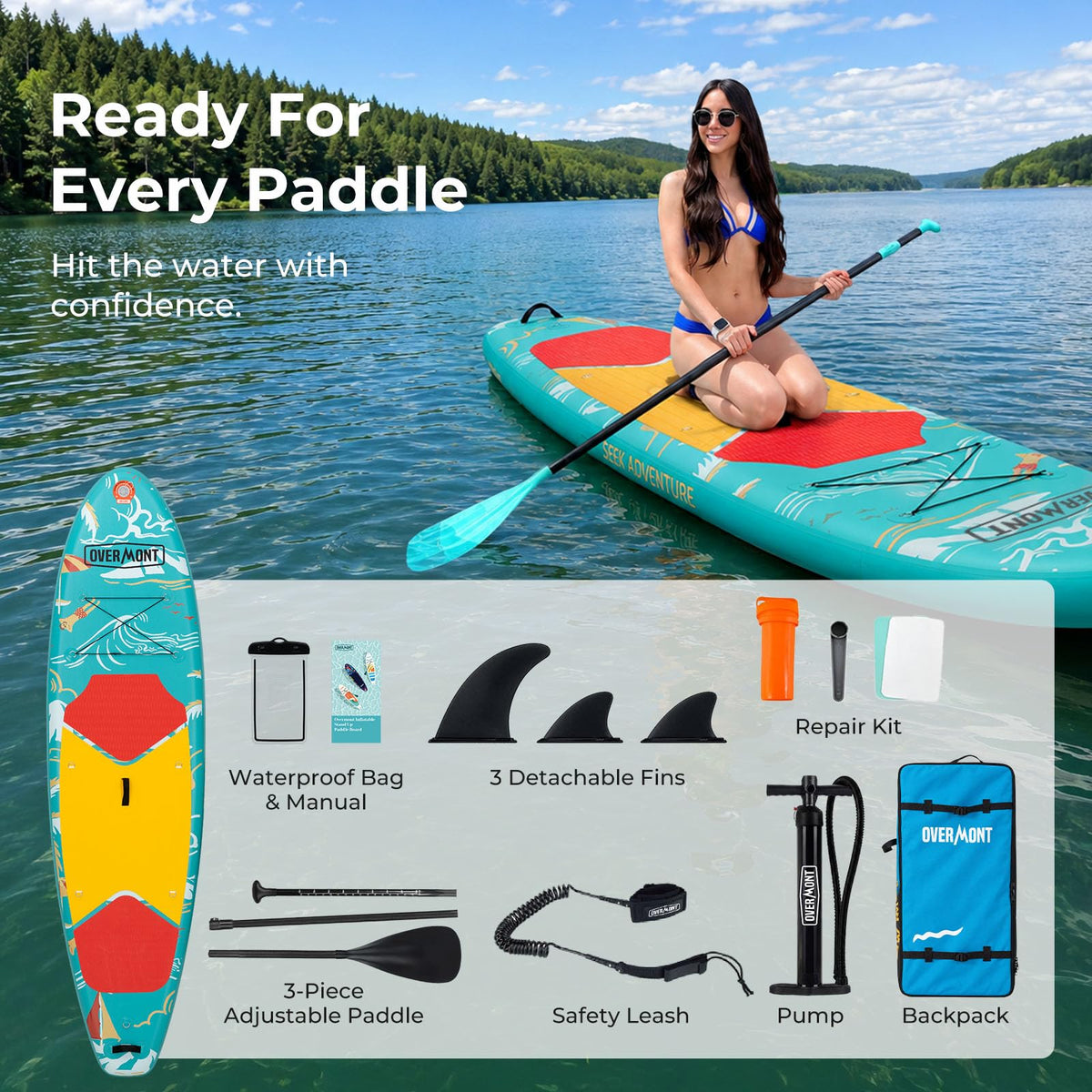 Overmont Inflatable Paddle Board 10'7" x 33" x 6", Extra Wide SUP for Adults & Beginners, 350 lb Stand Up Paddle Board with Adjustable Paddle, Pump, 3 Fins, Leash, Backpack & Repair Kit 🍁 All In One Marketplace Canada