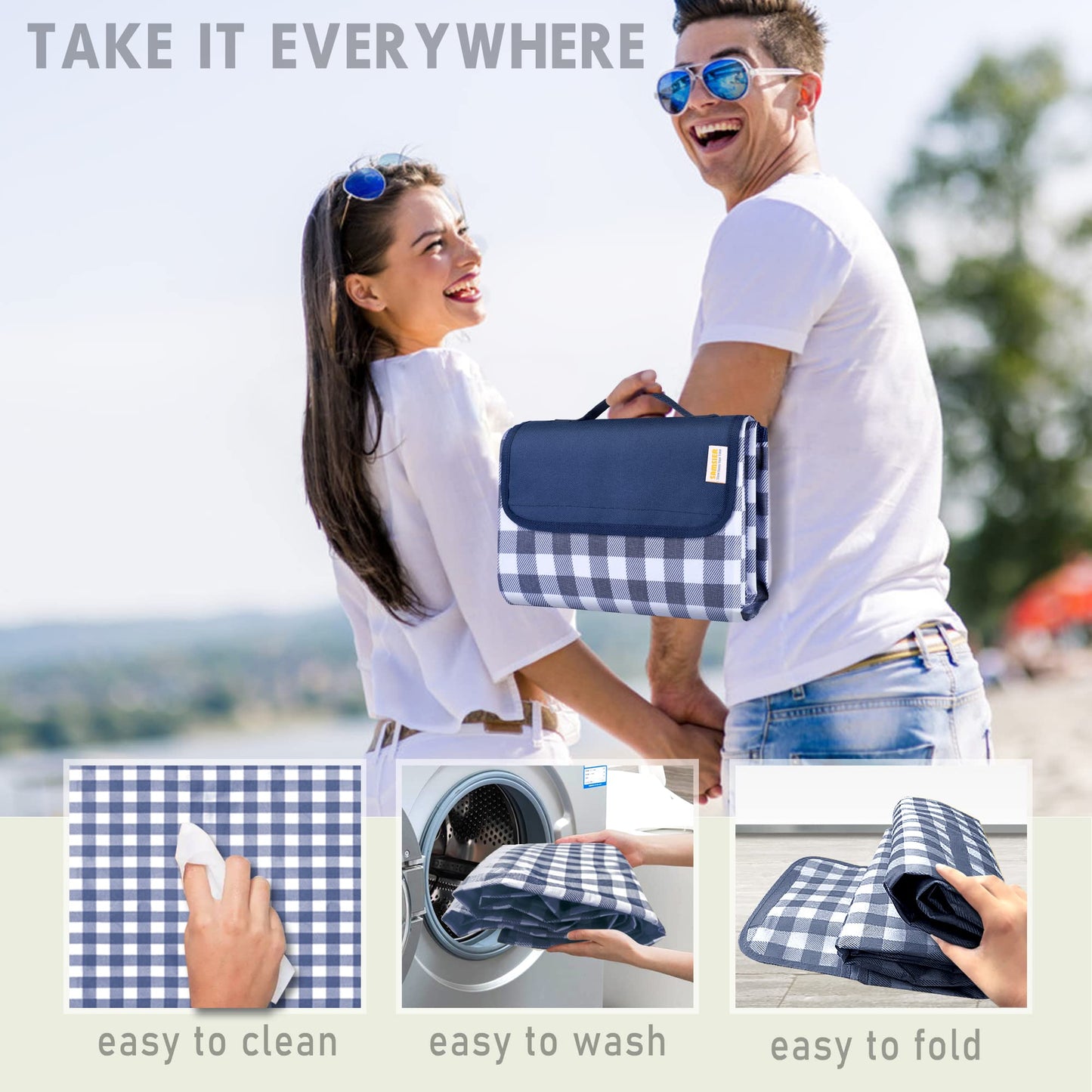 SAMSIER Large Outdoor Picnic Blankets Waterproof Foldable, Beach Blanket Sandproof Portable, Cute Picnic Mat Washable (Navy Blue, 80"×80") 🍁 All In One Marketplace Canada