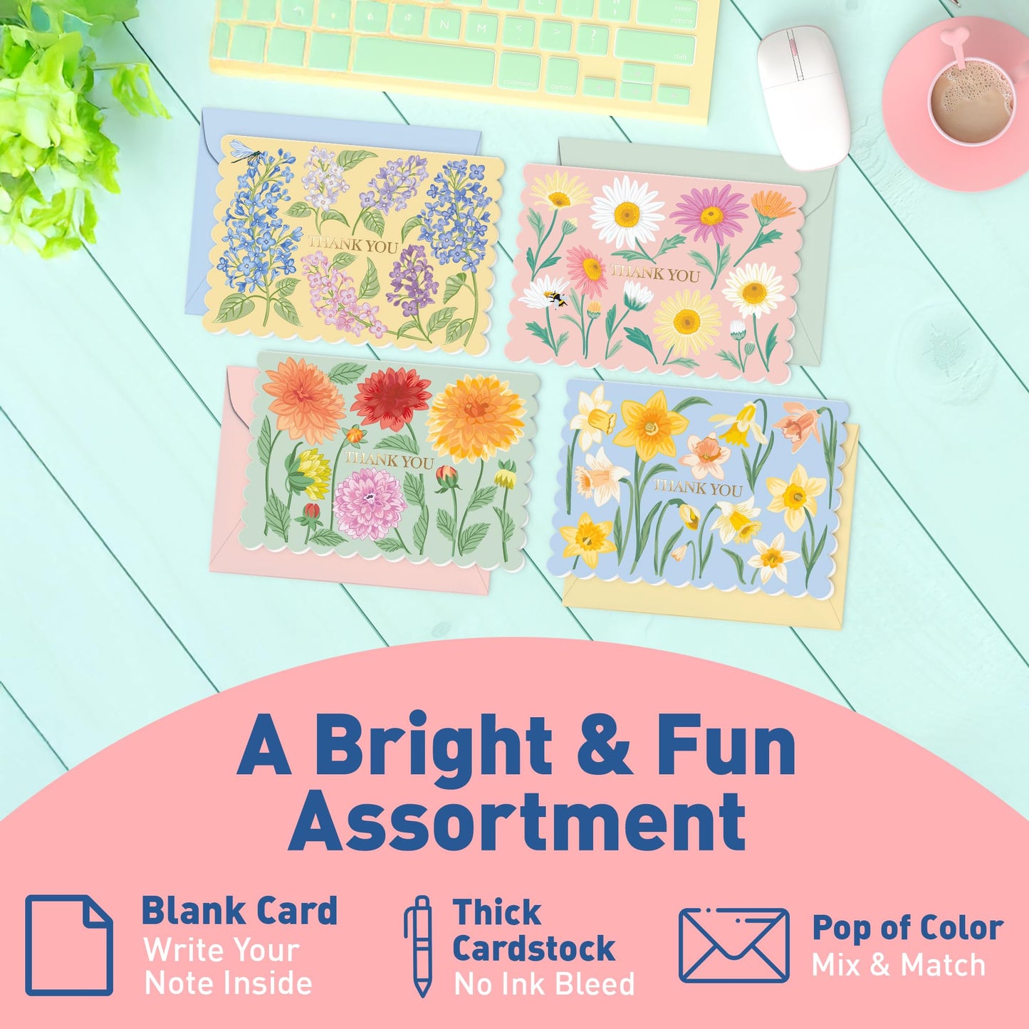 S&O Floral Thank You Cards with Envelopes – 36 Blank Cards – 4 Assorted Sunlit Meadows Designs with Gold Foil – 3.5x5" Pastel Thank You Note Cards – Pink, Green, Yellow & Blue Envelopes 🍁 All In One Marketplace Canada
