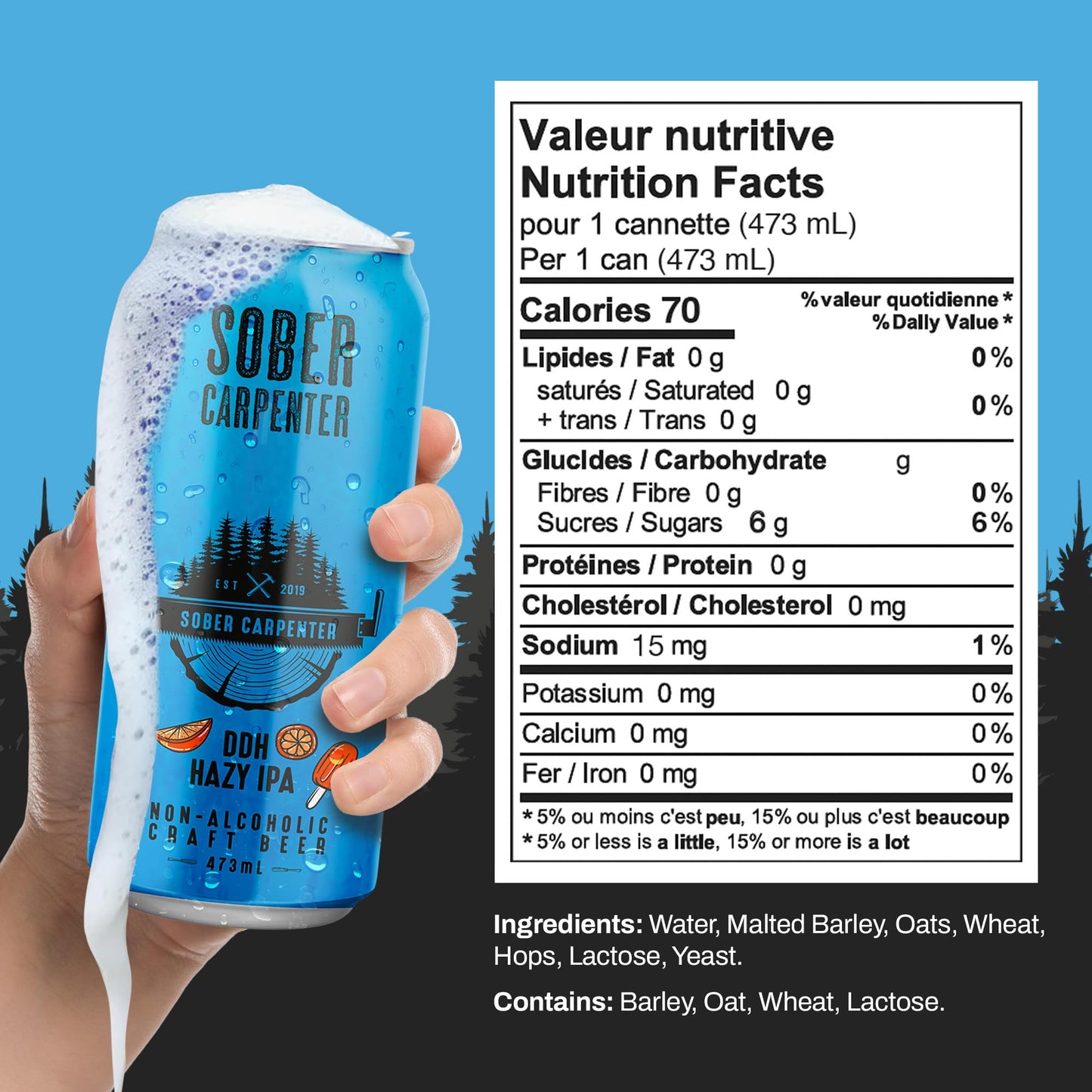 SOBER CARPENTER - DDH Hazy IPA Beer (Craft), All-Occasion Non Alcoholic Beer (with Lactose), Non Alcoholic Spirits & Alcohol Alternative, Low Calorie Drink with 70 Calories, Pack of 12 (16 oz Ea) 🍁 All In One Marketplace Canada