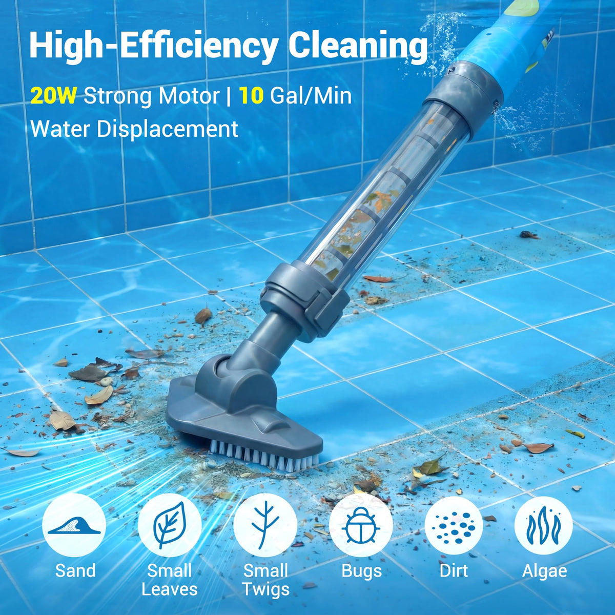 Hushlight Handheld Hot Tub Vacuum – Lightweight Stick Cleaner for Above-Ground Pools, Includes 2 Brush Heads for Debris and Sand (Blue) 🍁 All In One Marketplace Canada