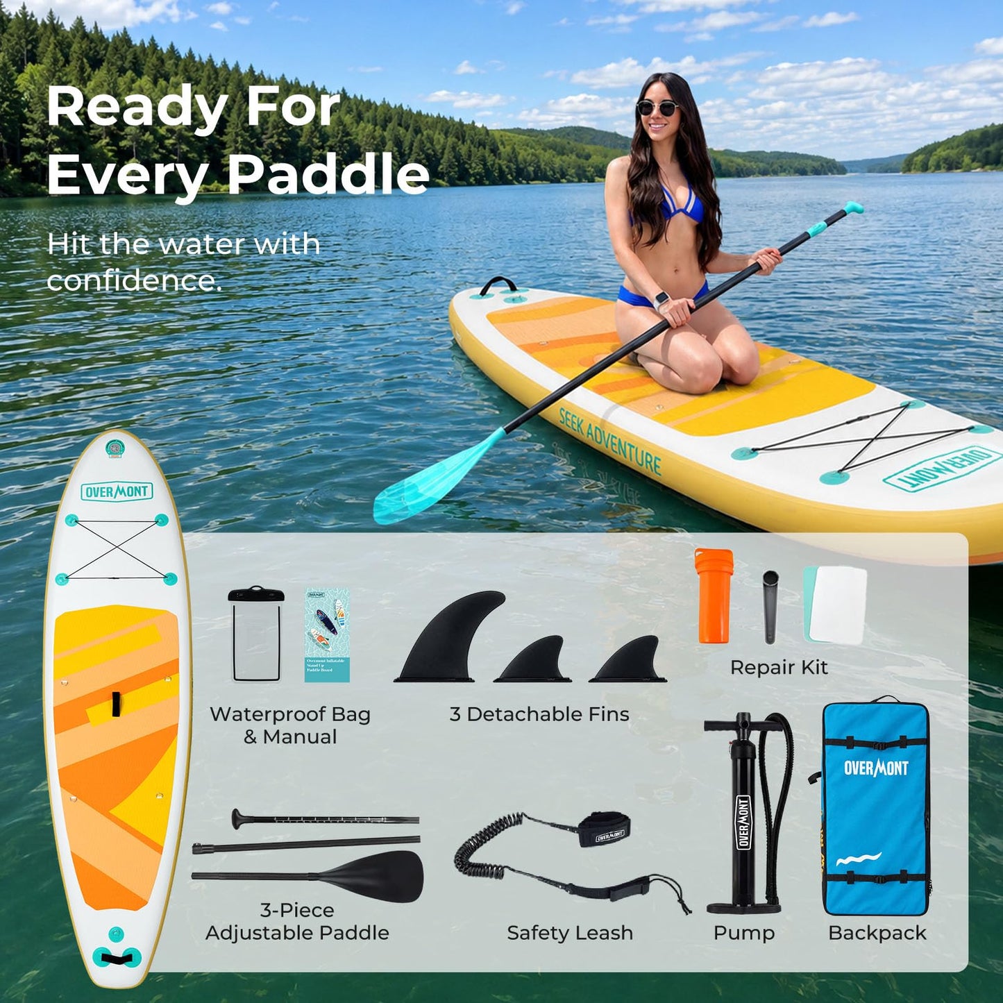 Overmont Inflatable Paddle Board 10'7" x 33" x 6", Extra Wide SUP for Adults & Beginners, 350 lb Stand Up Paddle Board with Adjustable Paddle, Pump, 3 Fins, Leash, Backpack & Repair Kit 🍁 All In One Marketplace Canada