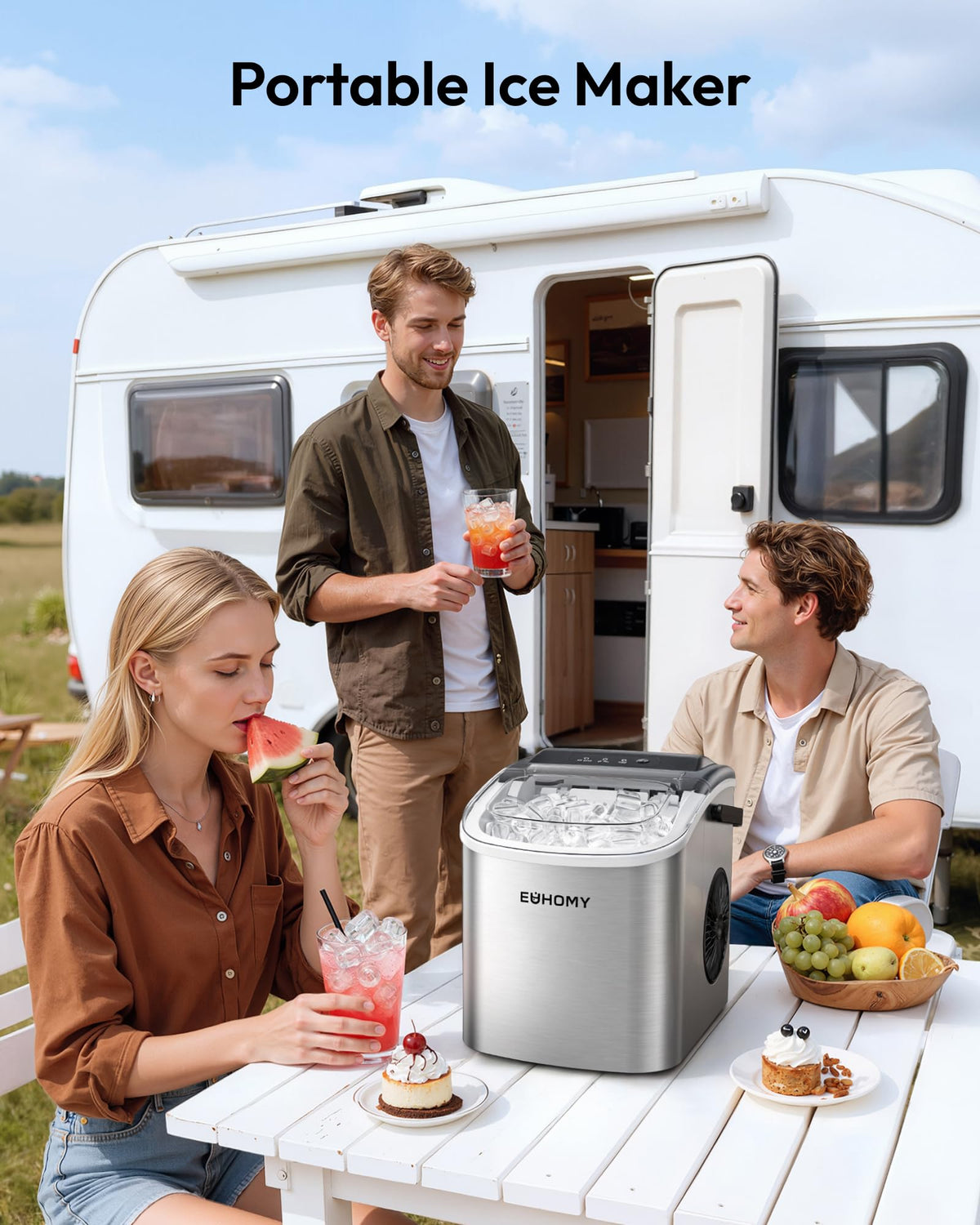 EUHOMY Countertop Ice Maker Machine with Handle, 26lbs Per Day, 9 Ice Cubes Ready in 6 Mins, Auto-Cleaning Portable Ice Maker with Basket and Scoop, for Home/Kitchen/Camping/RV (Silver) 🍁 All In One Marketplace Canada