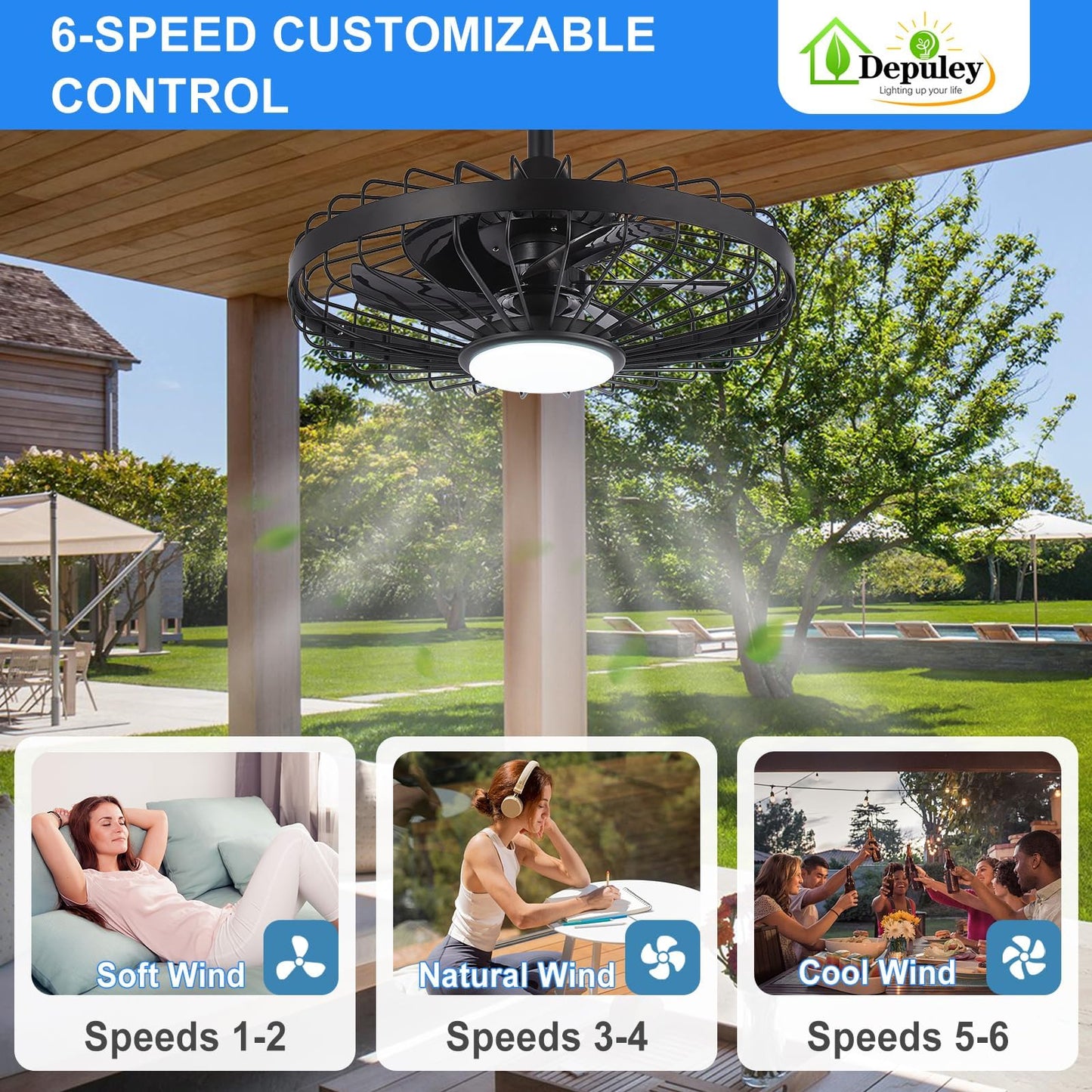 Depuley Outdoor Ceiling Fan with Light: 20 Inch Waterproof Gazebo Fans with Lights Outdoor Hanging - Plug in Remote App Control Caged Fans for Patios Pergola Porch Canopy - 6 Speed Black 🍁 All In One Marketplace Canada