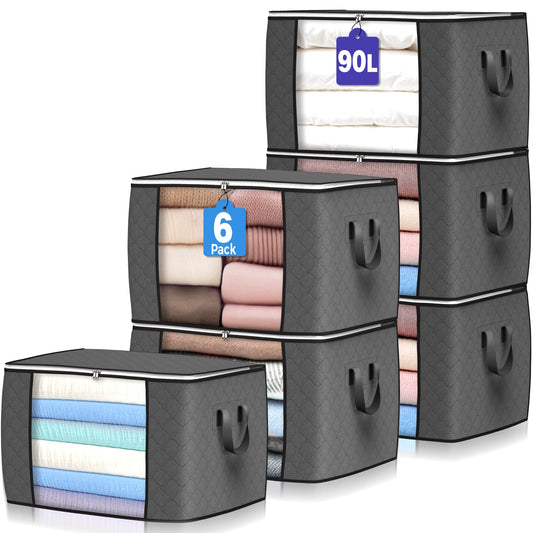 90 L Large Storage Bags, 6 Pack Clothes Storage Bins Foldable Closet Organizers and Storage Containers with Reinforced Handle for Clothing, Blanket, Comforters, Bed Sheets, Pillows and Toys (Gray) 🍁 All In One Marketplace Canada