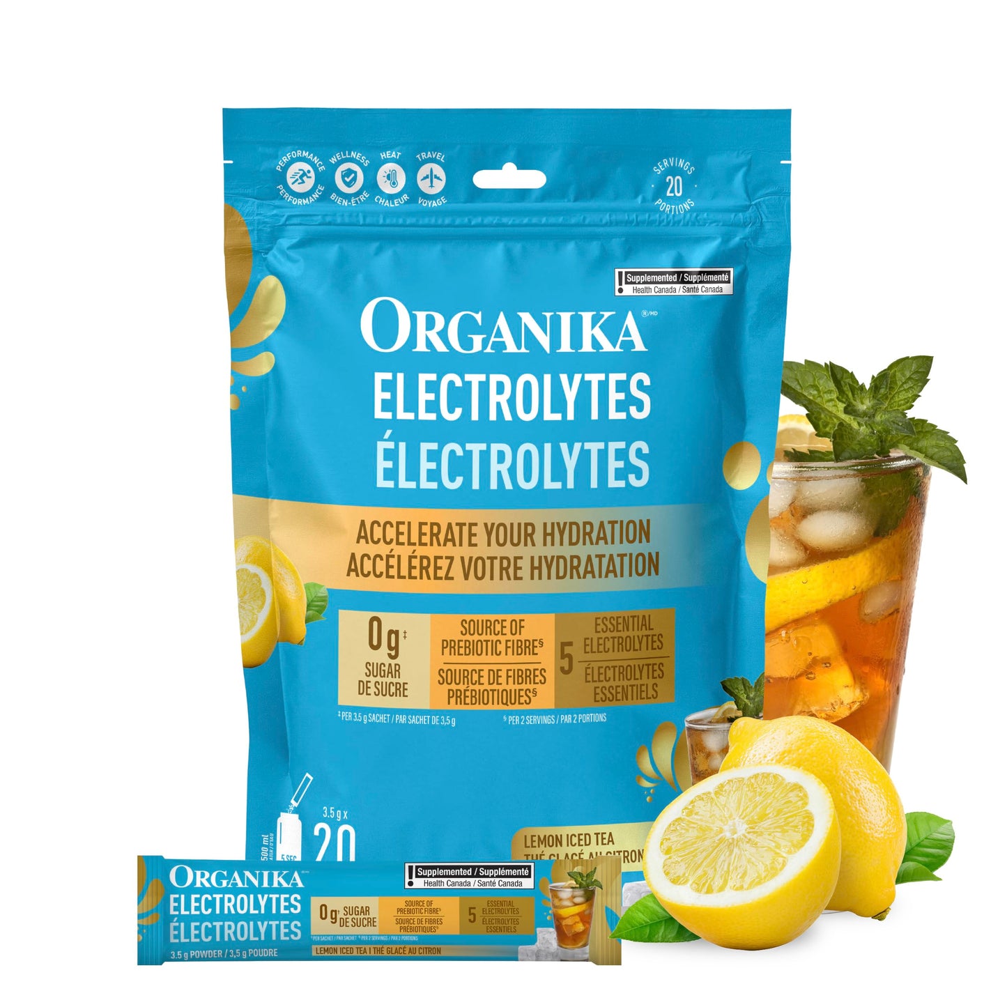 Organika Canadian-Made Electrolytes Powder with Vitamin C & Prebiotic Fibre - Sugar-Free Hydration Drink Mix - Lemon Iced Tea - 20 Single-Serve Sachets x 3.5g 🍁 All In One Marketplace Canada