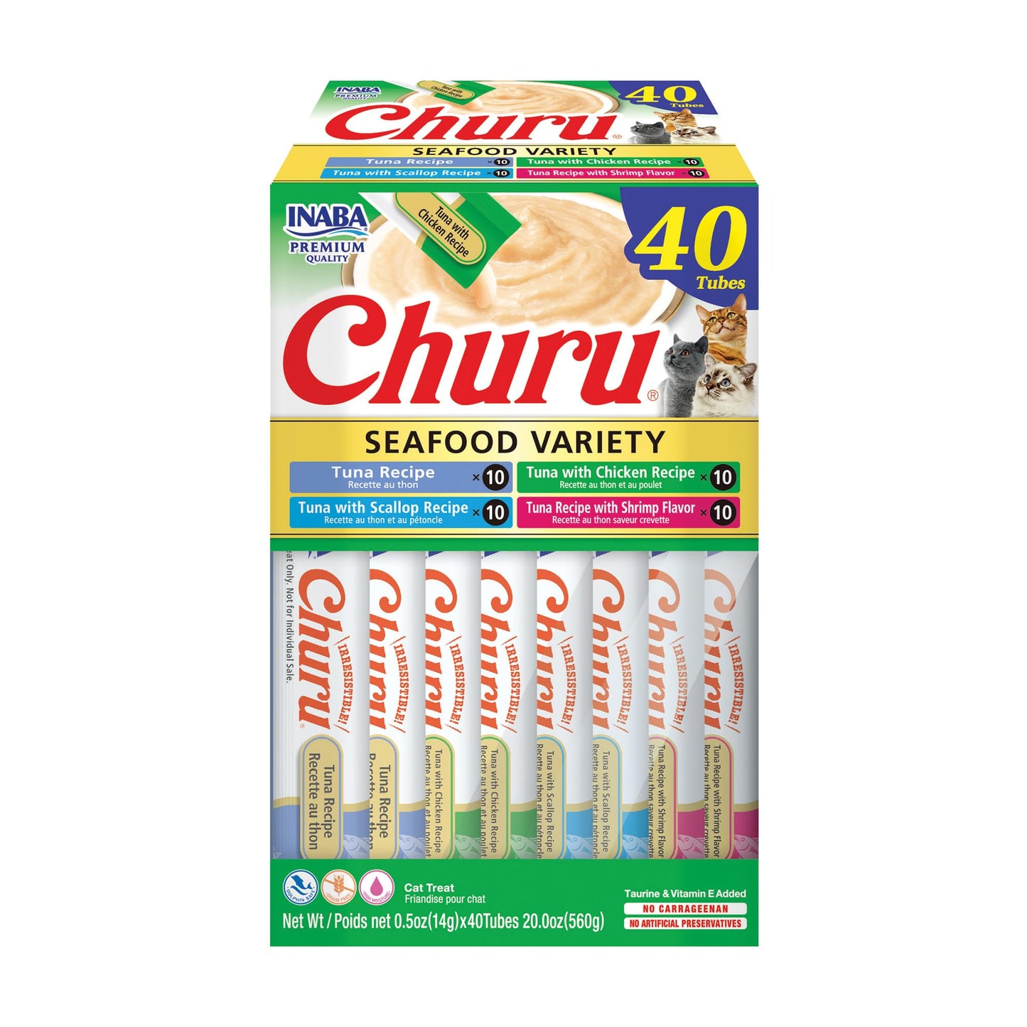 INABA Churu Cat Treats, Lickable, Squeezable Creamy Purée Cat Treat with Green Tea Extract & Taurine, 14 Grams Each Tube, 40 Tubes, Tuna & Seafood Variety Box 🍁 All In One Marketplace Canada
