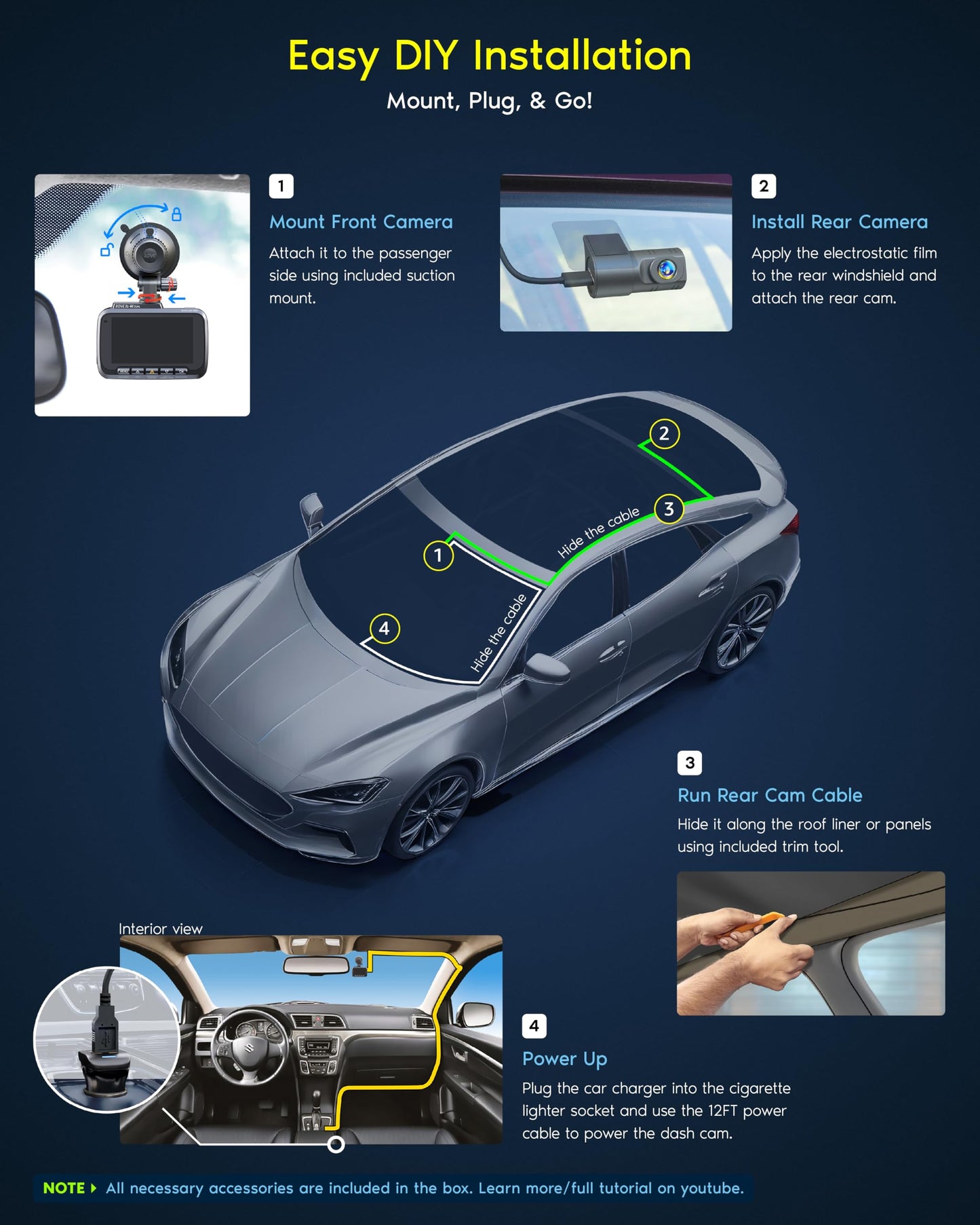 ROVE R2-4K DUAL Dash Cam Front and Rear, STARVIS 2 Sensor, FREE 128GB Card Included, 5G WiFi - up to 20MB/s Fastest Download Speed with App, 4K 2160P/FHD Dash Camera for Cars, 3" IPS, 24H Parking Mode 🍁 All In One Marketplace Canada