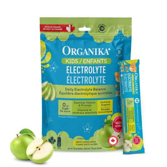 Organika Kids Electrolytes Powder Sticks - Sugar-Free Hydration + Immune support with 100% of daily Vitamin C, Minerals and Prebiotic Fibre | Green Apple Flavour - 3.5g x 20 sachets 🍁 All In One Marketplace Canada