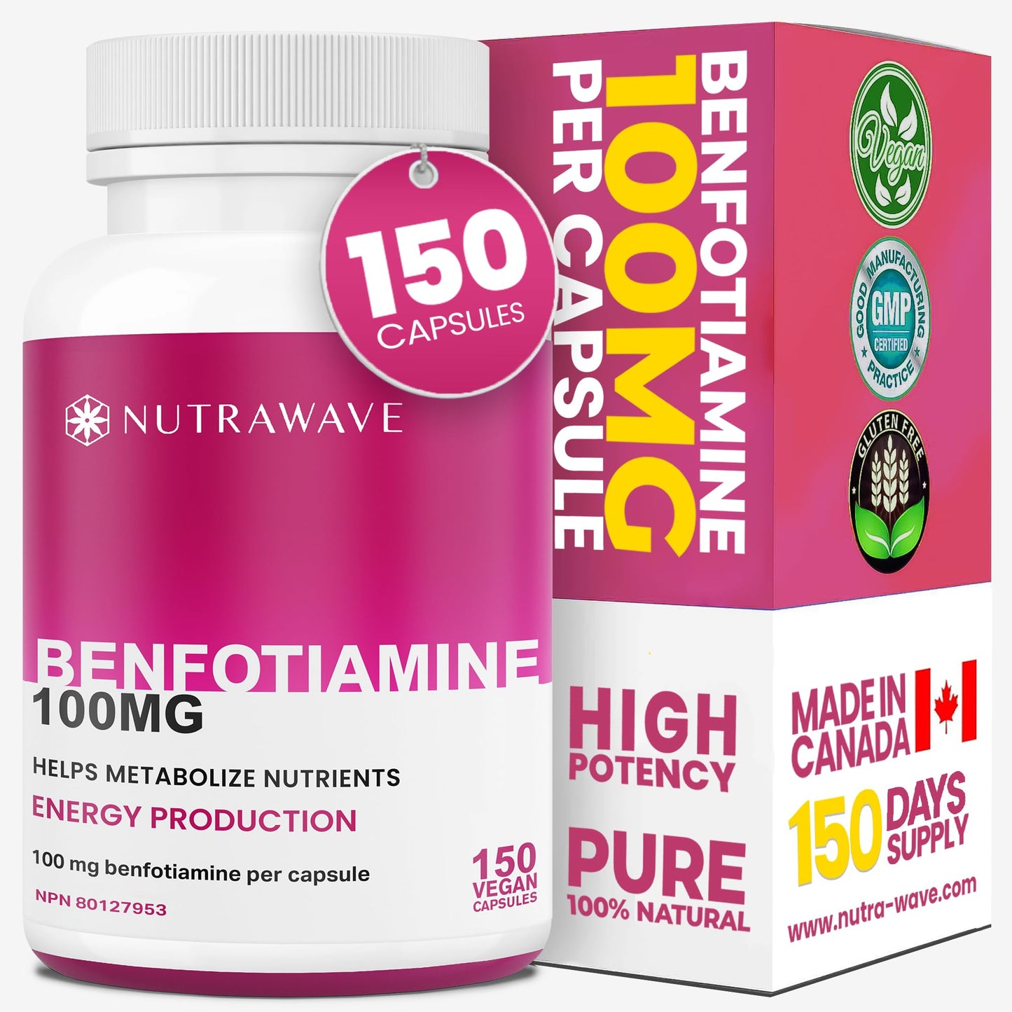 Nutrawave PURE *BONUS SIZE* 150 capsules HIGHEST POTENCY Benfotiamine Complex – 100mg, Thiamine B1 Supplement, Increased Energy, Nerve Support, All-Natural, Vegan, Gluten Free. 5-month supply 🍁 All In One Marketplace Canada