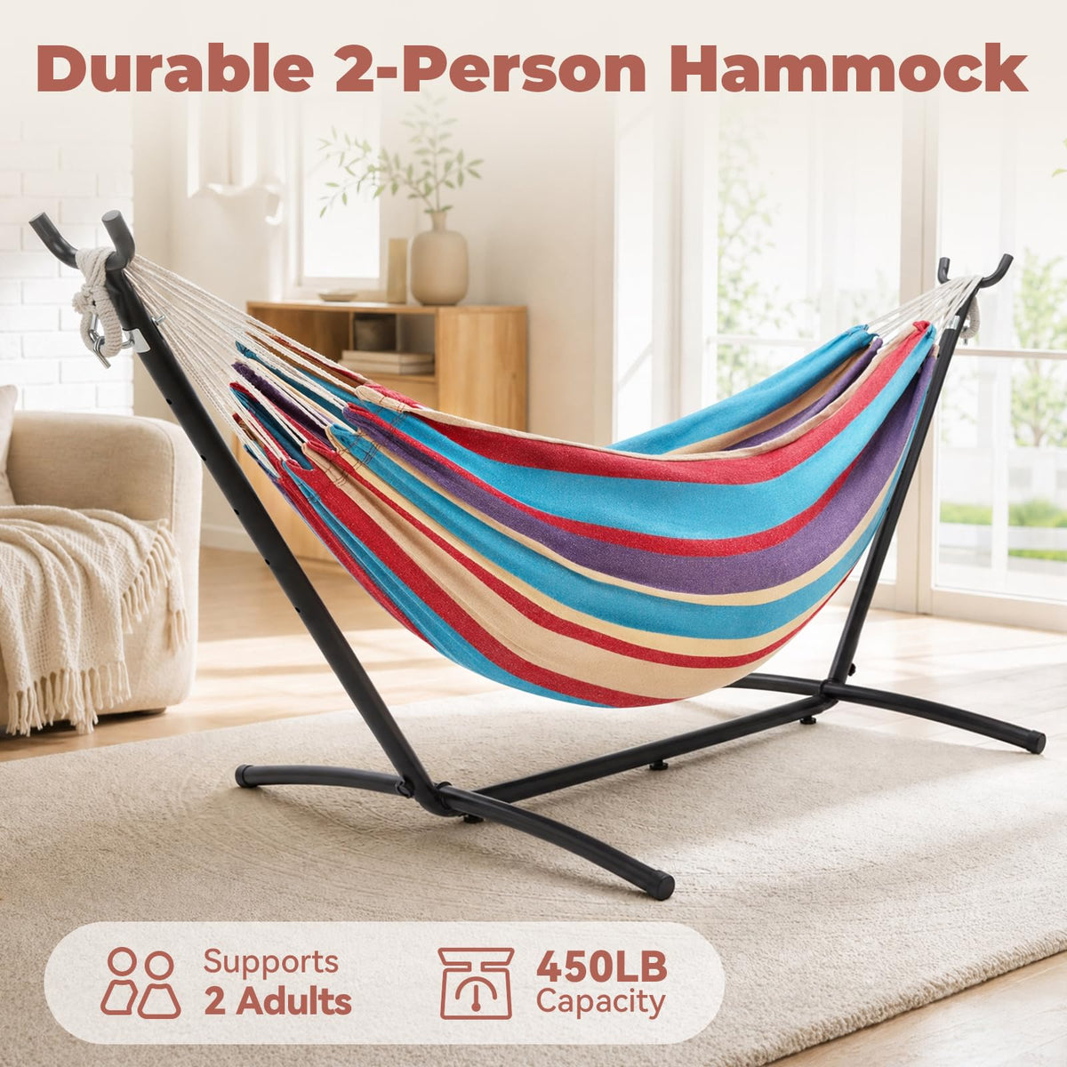 Hammock with Stand, Ohuhu Double Hammock with Space Saving Steel Stand & Pillow 2 Person Hammocks with Portable Carrying Bag for Camping Garden Patio Indoor Use Gift for Birthday, Tropical 🍁 All In One Marketplace Canada