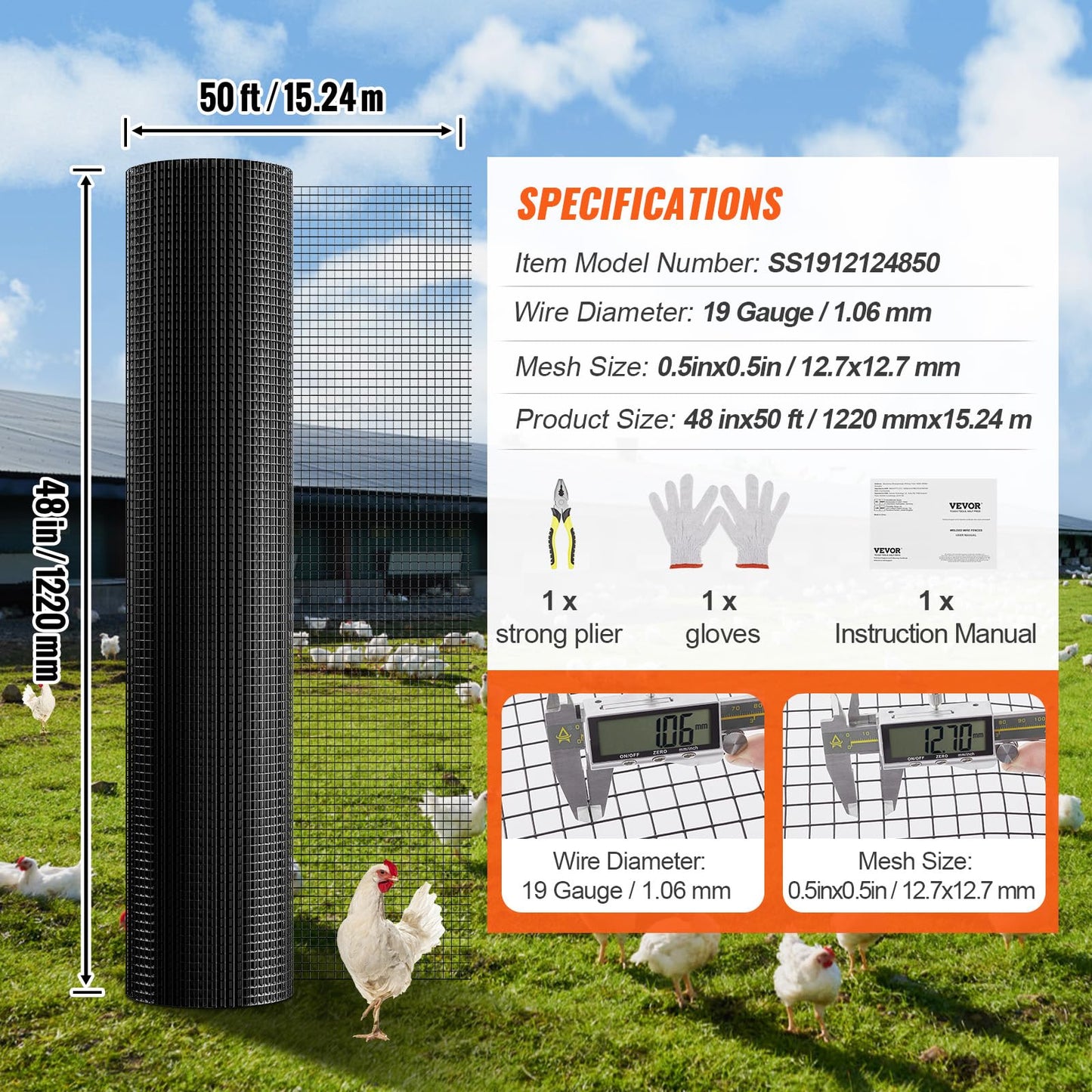 VEVOR Hardware Cloth, 48'' x 50' Galvanized Wire Mesh Roll, 19 Gauge Chicken Wire Fence Roll, Vinyl Coating Metal Wire Mesh for Chicken Coop Barrier, Rabbit Snake Fences, Poultry Enclosures 🍁 All In One Marketplace Canada