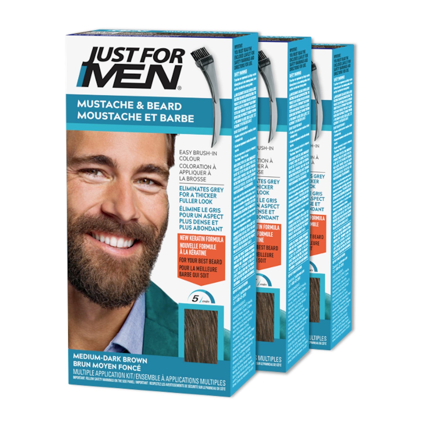 Just For Men Mustache & Beard, Beard Dye for Men with Brush Included for Easy Application, With Biotin Aloe and Coconut Oil for Healthy Facial Hair, Medium-Dark Brown, M-40 (3 Count) 🍁 All In One Marketplace Canada