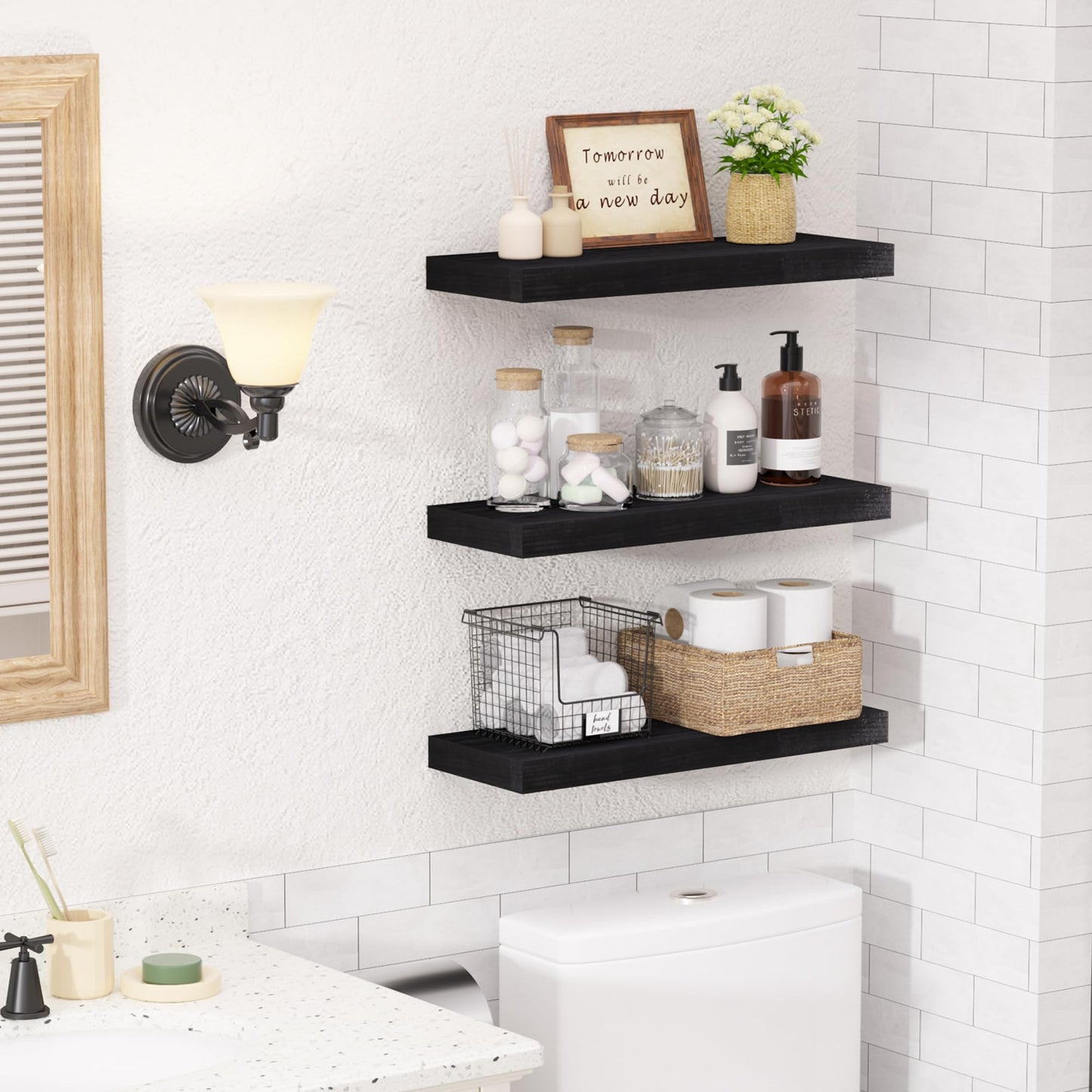 upsimples 16.5" L Black Wooden Floating Shelves with Invisible Brackets, Wall Mounted Modern Wood Shelves Set of 3, for Bathroom Bedroom 🍁 All In One Marketplace Canada