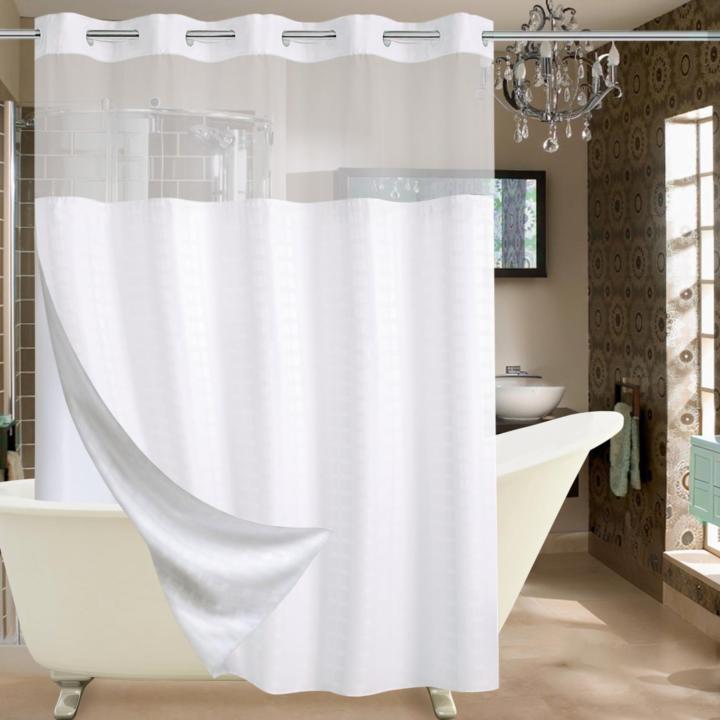 Conbo Mio Hotel Style Fabric Shower Curtain with Snap in Liner for Bathroom Machine Washable Waterproof Repellent Shower Curtain (Check-White, 71" W x 74" H) 🍁 All In One Marketplace Canada