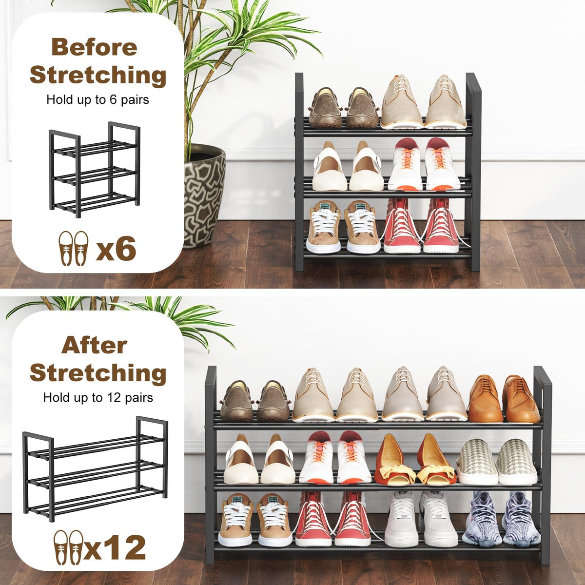 Roylvan 3-Tire Expandable Shoe Rack, 17"-31" Adjustable Stackable Free Standing Shoe Shelf Storage Fits 6-12 Pairs Shoes, Heavy Duty Reinforced Metal Shoes Organizer for Closet Entryway Doorway Dorm 🍁 All In One Marketplace Canada