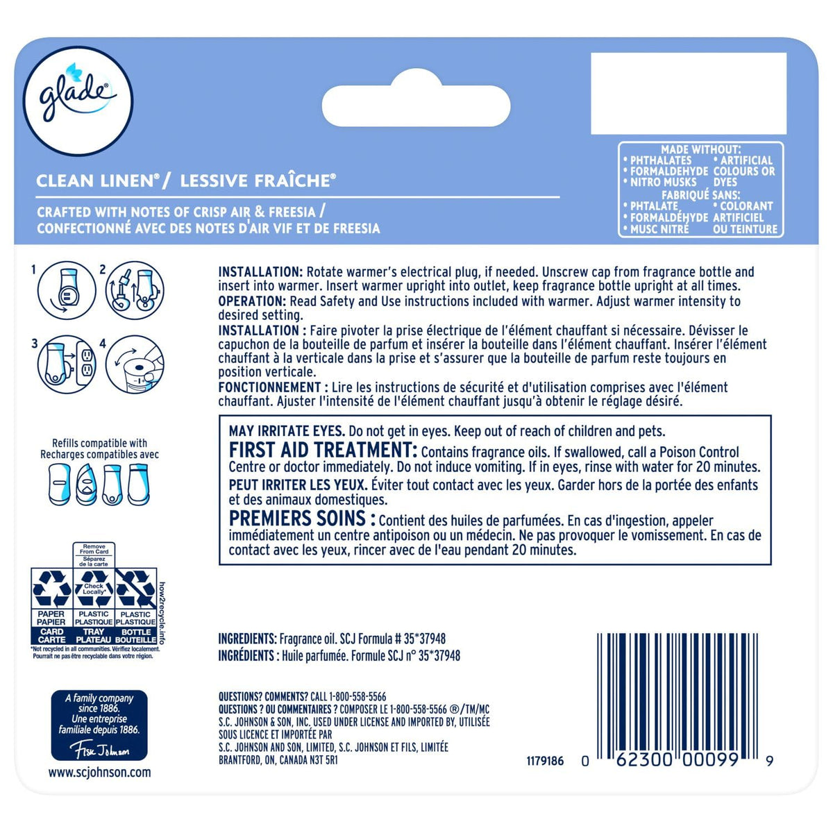 Glade PlugIns Air Freshener Oil Refill, Scented and Essential Oils for Home and Bathroom, Clean Linen, 5 Refills 🍁 All In One Marketplace Canada