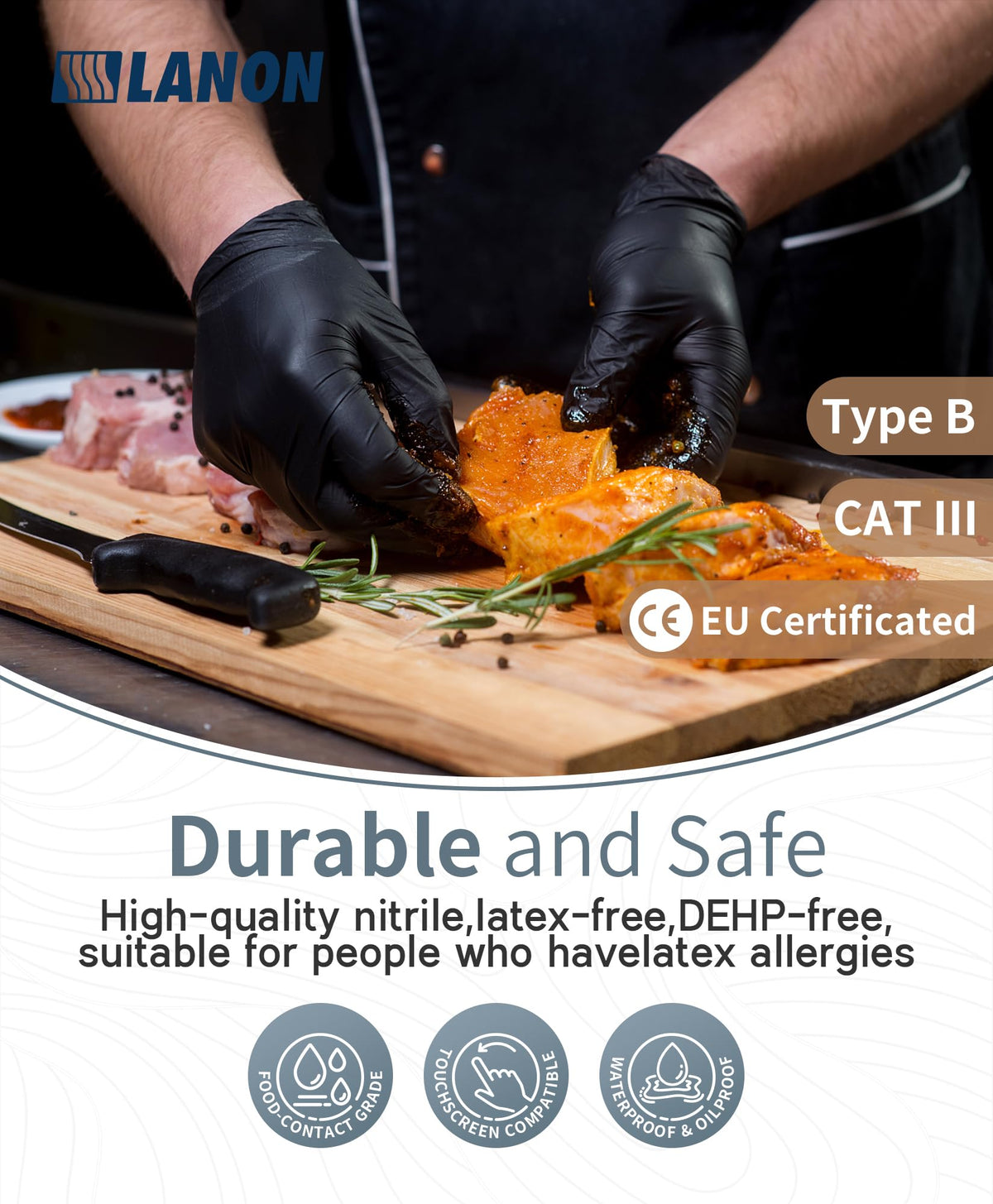 LANON Food Safe Disposable Black Nitrile Gloves, Latex-Free, Powder-Free, Silicone-Free, Textured Fingertips, Cooking, Large 🍁 All In One Marketplace Canada