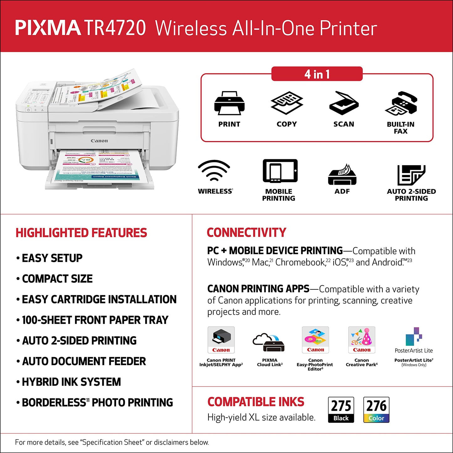 Canon PIXMA TR4720 All-in-One Wireless Printer Home use, with Auto Document Feeder, Mobile Printing and Built-in Fax, White 🍁 All In One Marketplace Canada