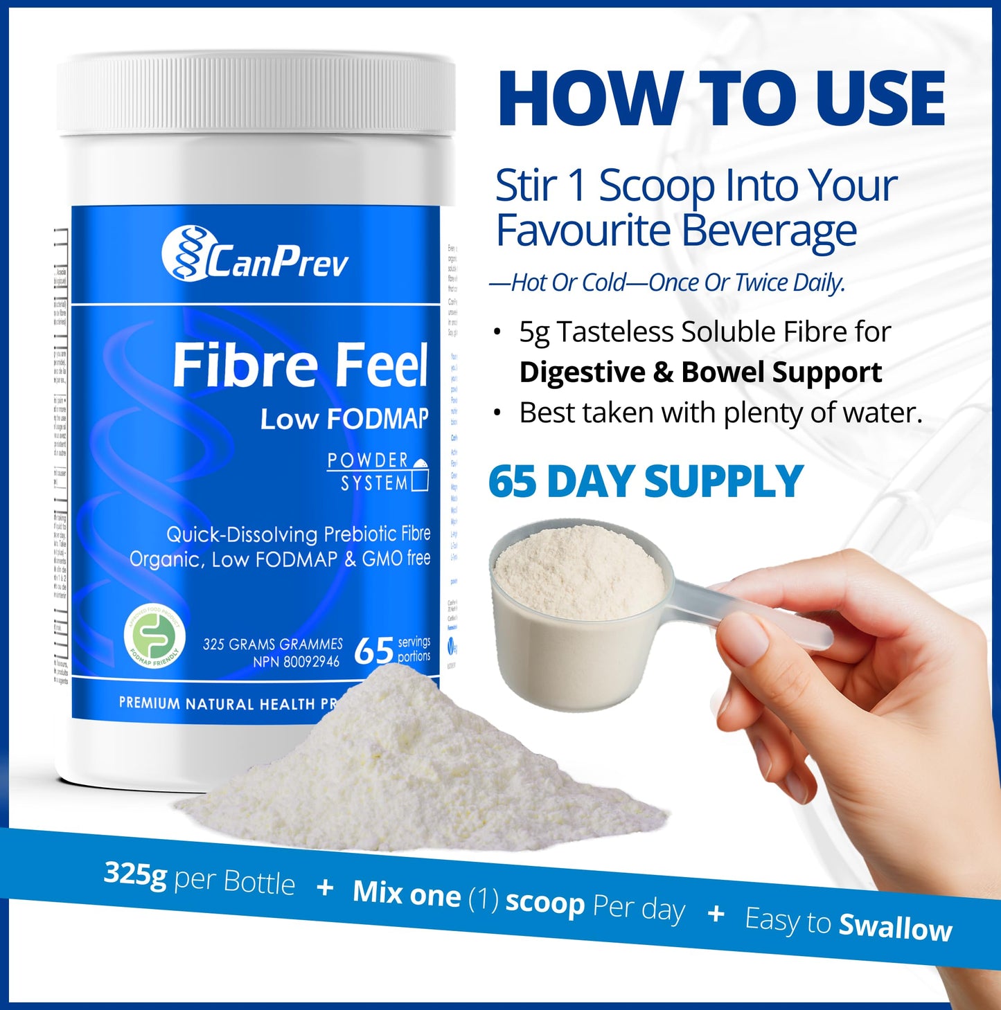 CanPrev Organic Fibre Feel Powder 325g, 65 Servings, Unflavoured & Easy to Mix, Promotes Digestive Wellness & Regularity, Quick-Dissolving & Gentle, Natural Ingredients, Perfect for Smoothies & Shakes 🍁 All In One Marketplace Canada