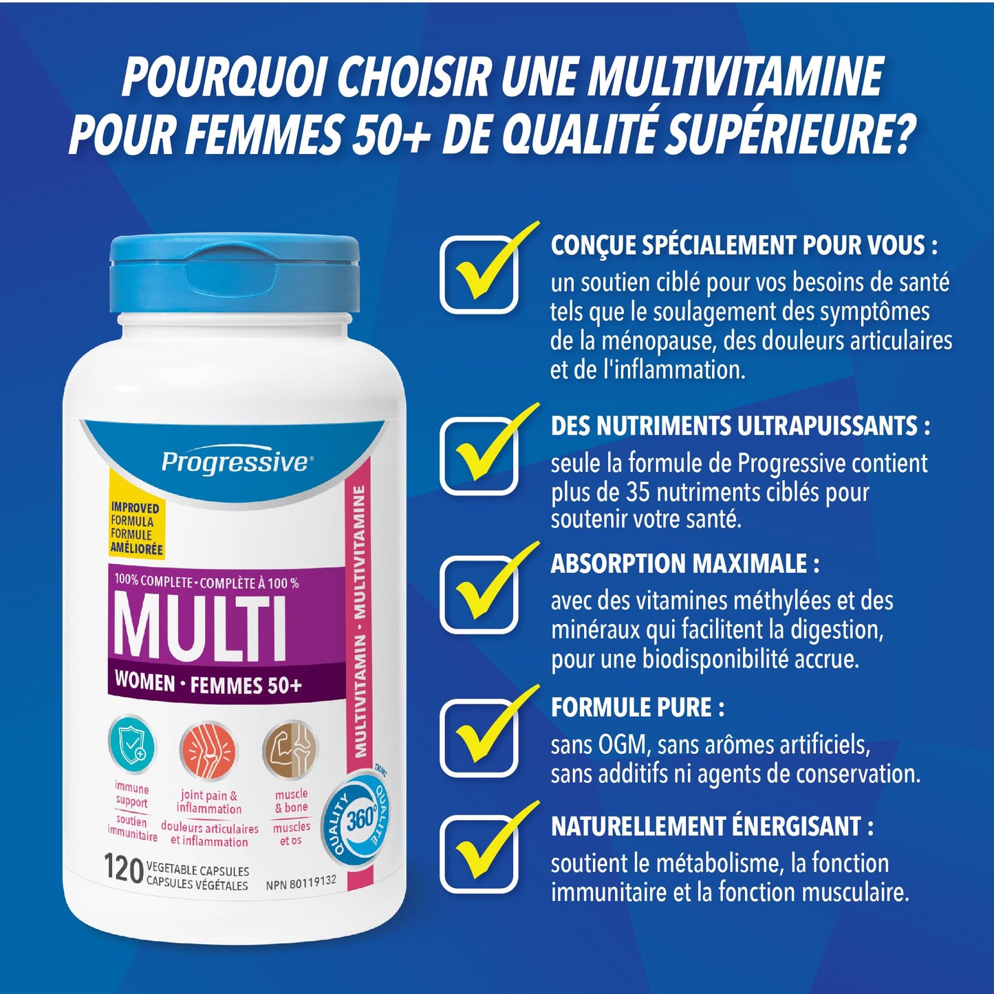 Progressive Advanced Multivitamin for Women 50+, with Black Cohosh, Chastetree, Maca, Turmeric, and CoQ10. Supports Menopause, Immunity, Heart Health, Joint Health, and Inflammation, 100% Complete, Canadian-Made, 120 Count 🍁 All In One Marketplace Canada