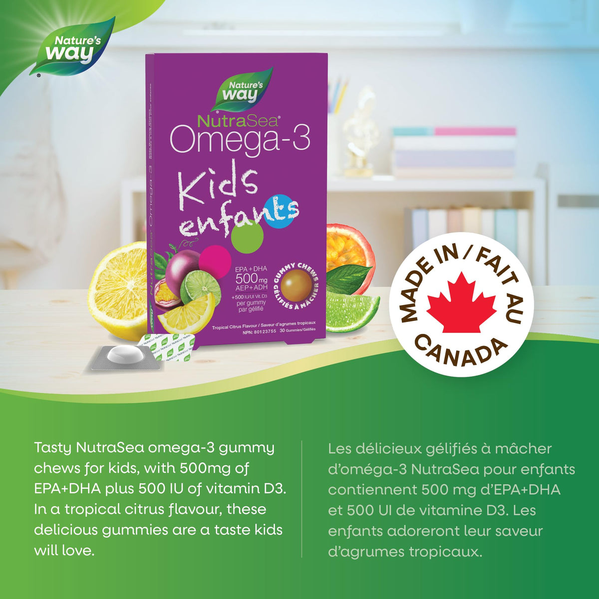 Nature's Way NutraSea Omega 3 Kids Gummy Chews Supplement with Fish Oil – Tropical Citrus Flavour – Brain, Bone & Immune Support for Kids Ages 3+ – 500mg EPA & DHA + 500IU Vitamin D3, 30 Gummies 🍁 All In One Marketplace Canada