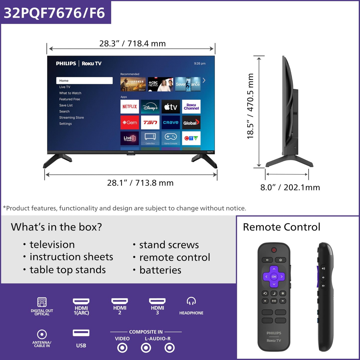 Philips 32PQF7666/F6 7600 Series HD QLED 32-Inch HD QLED Roku TV 🍁 All In One Marketplace Canada