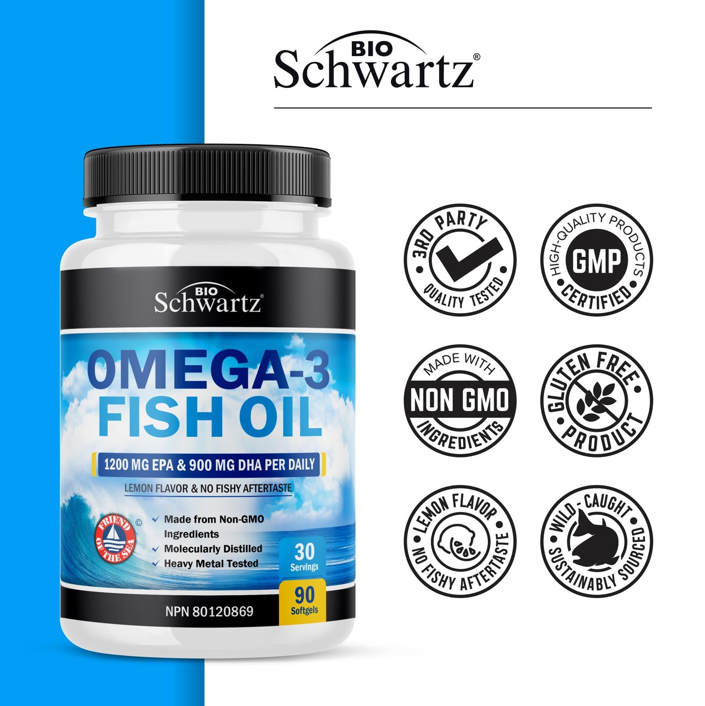 Fish Oil Omega 3 EPA & DHA 2250 mg | Burpless Lemon Flavor Triple Strength Supplement with Fatty Acids from Wild Icelandic Fish | Supports Joint, Eyes, Brain & Skin Health | Non GMO | 90 Softgels 🍁 All In One Marketplace Canada