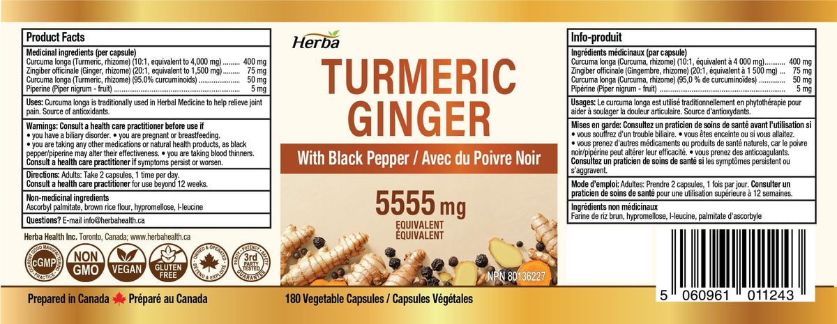 Herba Turmeric Supplements for Inflammation with Black Pepper and Ginger - 180 Capsules | 5,555mg Equiv. with 95% Turmeric Curcumin Supplements with Black Pepper | Joint Pain Relief | Made in Canada 🍁 All In One Marketplace Canada