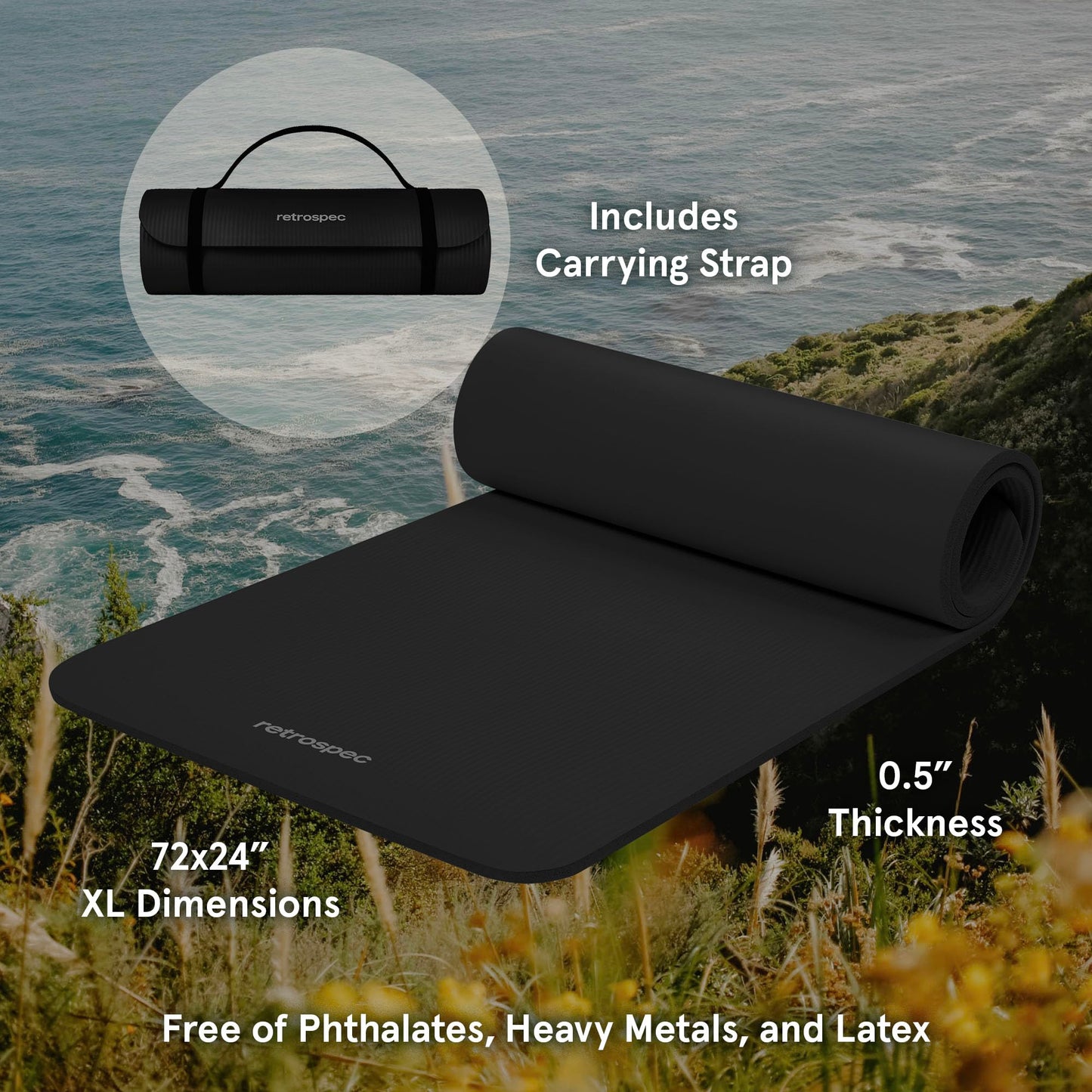 Retrospec Solana Yoga Mat 1" And 1/2" Thick With Nylon Strap for Men And Women - Non Slip Exercise Mat For Home Yoga, Pilates, Stretching, Floor And Fitness Workouts , Black 🍁 All In One Marketplace Canada