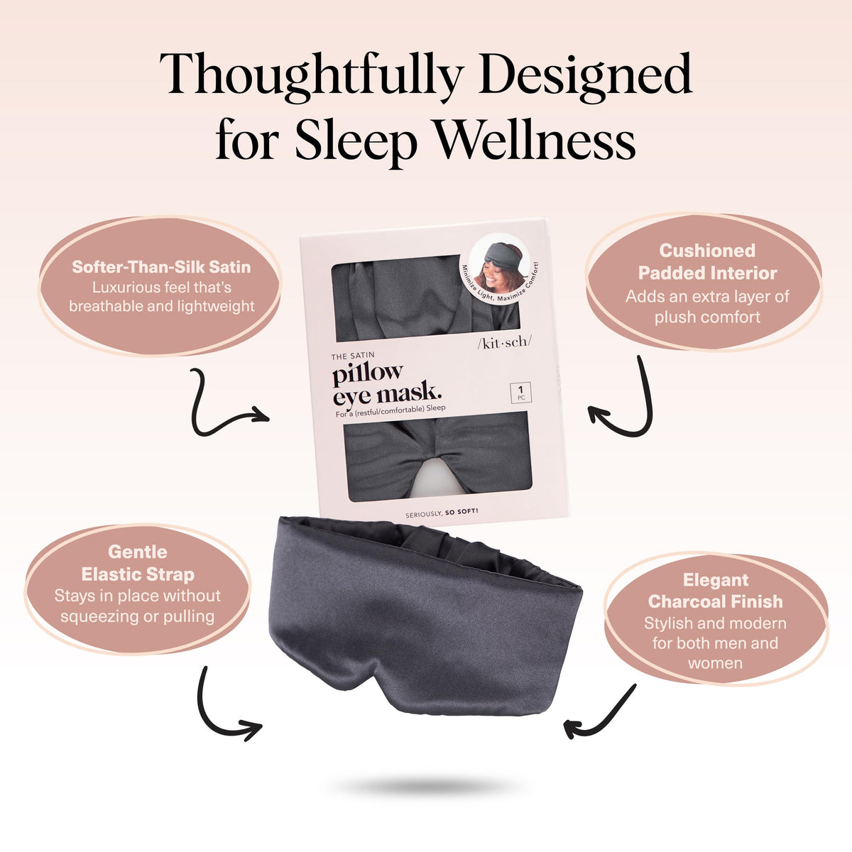 Kitsch Satin Sleep Mask - Eye Masks for Sleep, Softer Than Silk Satin Sleeping Mask Blindfold and Sleep Masks for Women and Men, Eye Care Travel Essentials - Charcoal Black 🍁 All In One Marketplace Canada