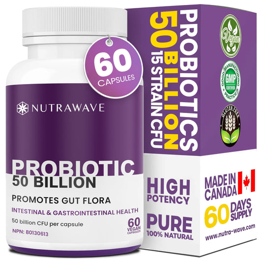 Nutrawave 50 BILLION Probiotics Women & Men, 15 Strains Active Culture. Relieves Bloating and Constipation, Improved Digestion and Gut Health Supplement, Non-GMO, Vegan, Gluten Free. 60 Vegan Capsules/ 60 Day Supply 🍁 All In One Marketplace Canada