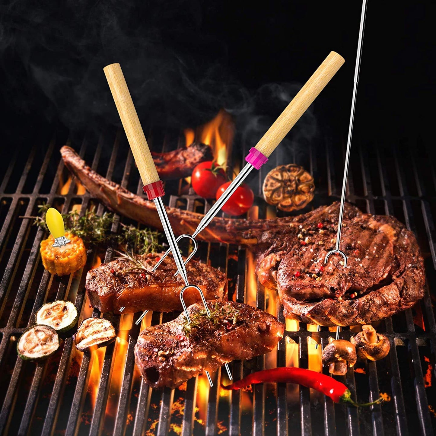Marshmallow Roasting Sticks, Roasting Sticks with Wooden Handle 32 Inch Extendable BBQ Forks Telescoping Sticks Telescopic Stainless Steel Skewers for Grilling,Campfire (10) 🍁 All In One Marketplace Canada