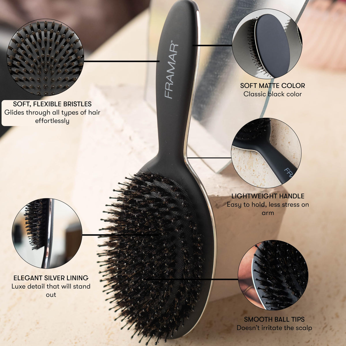 FRAMAR Black Boar Bristle Hair Brush - Natural Bristle Brush For Fine Hair, Boar Brush For Slicking Back Hair, Hair Brush For Women, Slick Back Hair Brush, Brosse a Cheveux, Brosse Poil De Sanglier 🍁 All In One Marketplace Canada