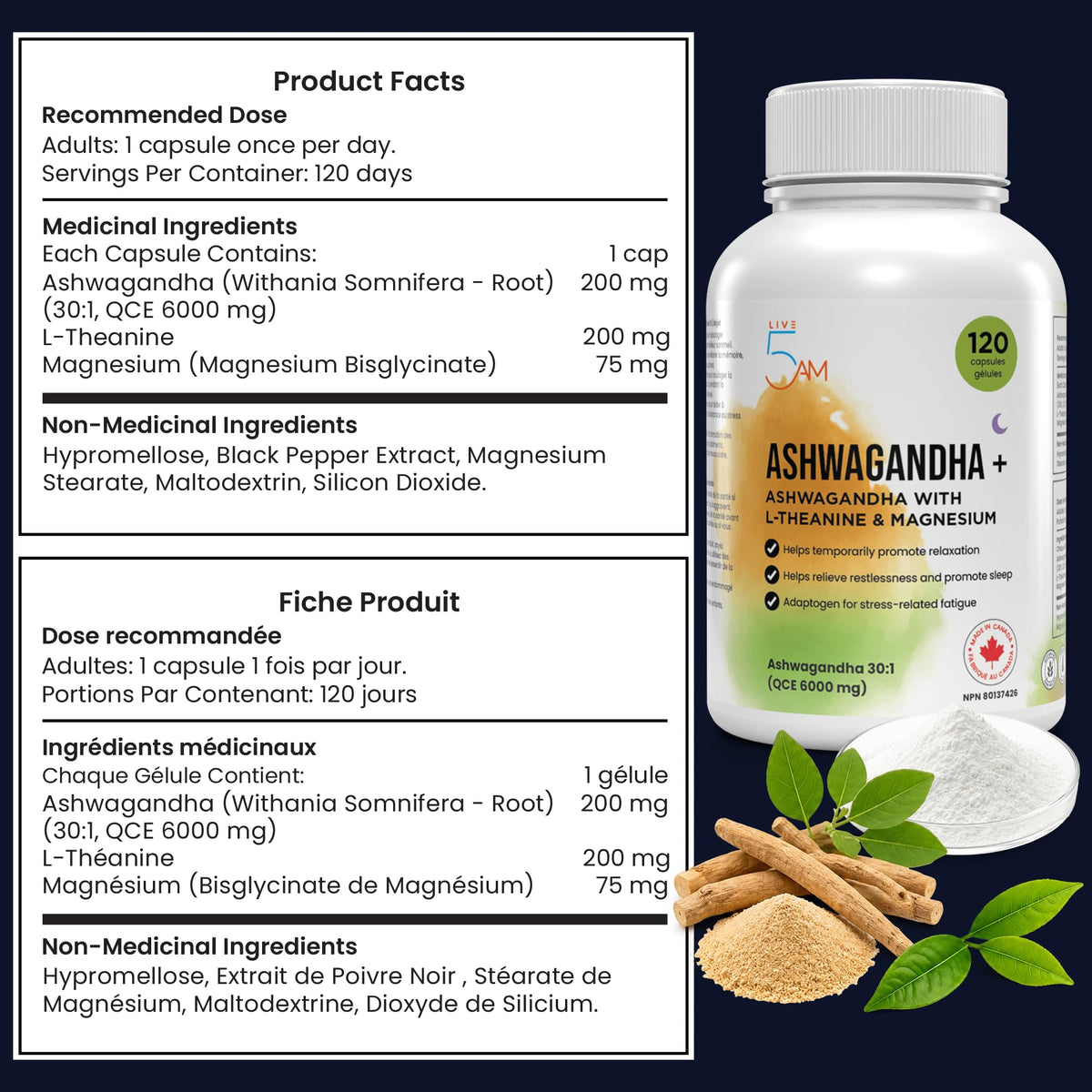 Live 5AM Ashwagandha 6000mg with L-Theanine 200mg, Magnesium Bisglycinate 75mg & Black Pepper Extract - Relaxation, Stress & Restlessness Support - 4 Month Supply, 120 Capsules - Made in Canada 🍁 All In One Marketplace Canada