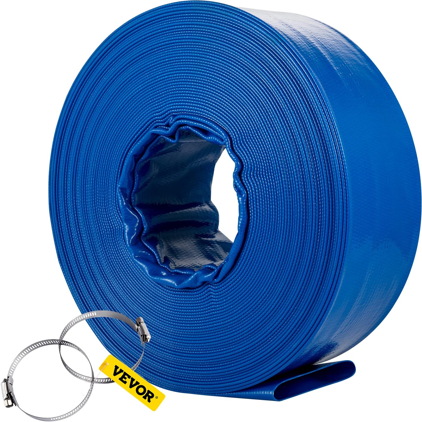 VEVOR Discharge Hose, 1-1/2" x 100', PVC Fabric Lay Flat Hose, Heavy Duty Backwash Drain Hose with Clamps, Weather-Proof & Burst-Proof, Ideal for Swimming Pool & Water Transfer, Blue 🍁 All In One Marketplace Canada
