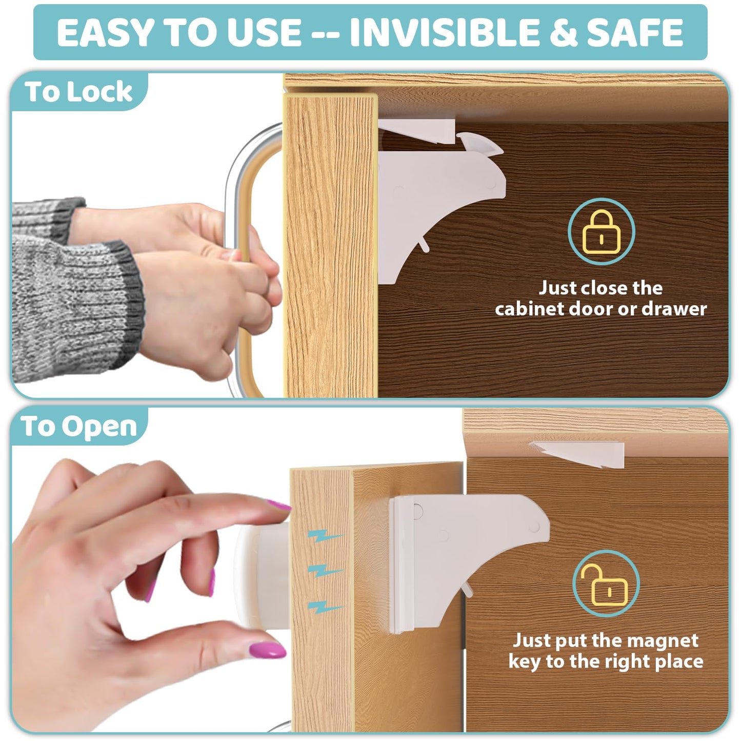 4our Kiddies 12 Pack Child Safety Magnetic Cabinet Locks with 2 Keys, No Drill Baby Proofing Drawer Locks for Baby Safety, Invisible Adhesive Magnetic Cupboard Locks for Kitchen Cabinet and Drawers 🍁 All In One Marketplace Canada