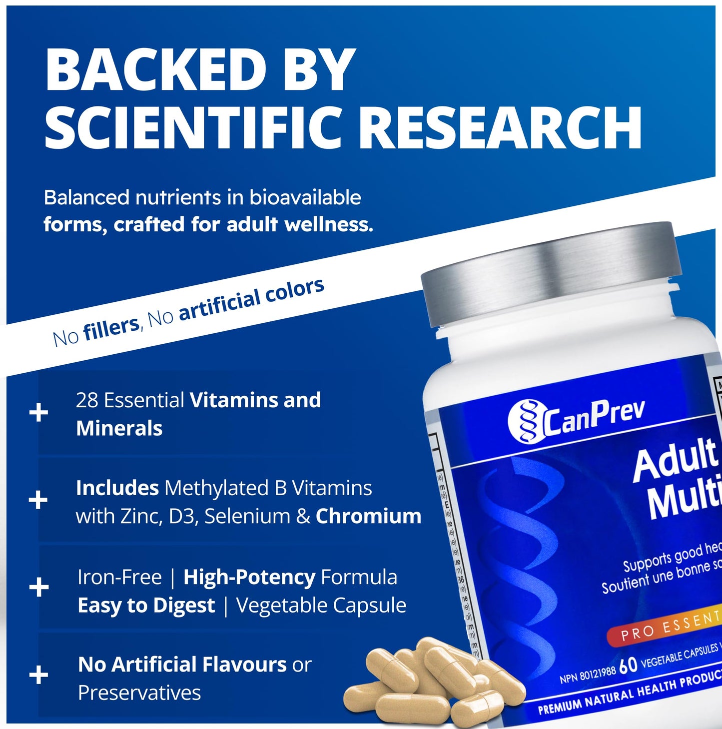 CanPrev Adult Multi, 60 V-Caps 30-Day Supply - Non-GMO and Gluten-Free - High-Potency Multivitamin and Multi-Mineral Formula - Iron-Free - Easy to Digest - Complete Daily Vitamins and Minerals 🍁 All In One Marketplace Canada