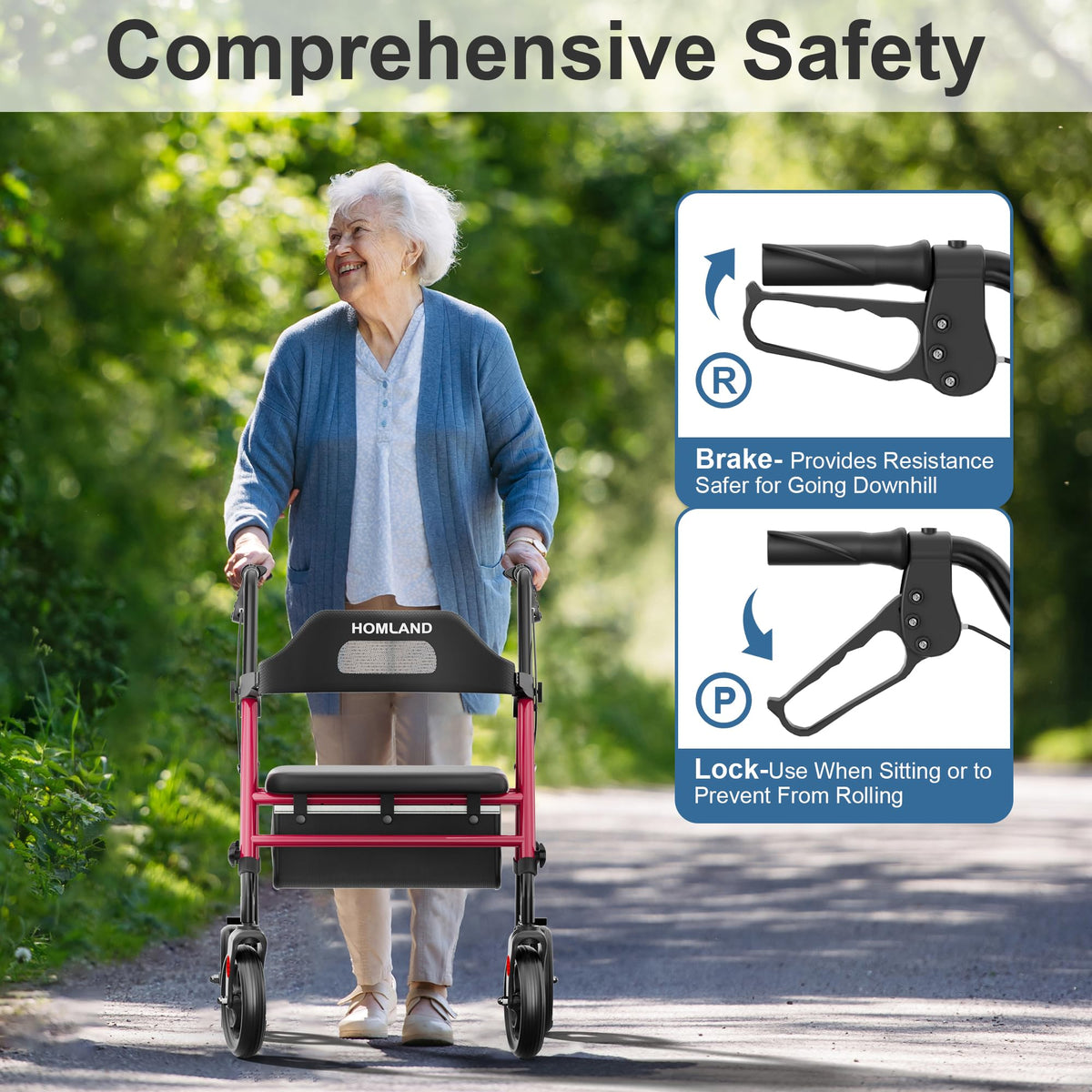HOMLAND Foldable Rollator Walkers with Seat for Seniors, 8'' Big Wheels, 350 lb. Weight Capacity, Adjustable Handles and Seat Height, Lightweight Rolling Walker, Red 🍁 All In One Marketplace Canada