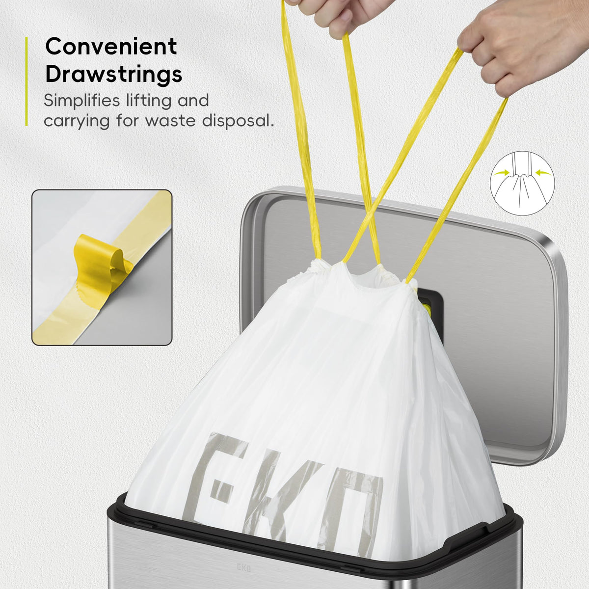 EKO 13 Gallon / 40-60 Liter Drawstring Trash Bags, Extra-Strong Unscented Garbage Bags, 60 Count Easy-Dispense Roll for Kitchen & Household Use, Leak-Resistant, Code F, White 🍁 All In One Marketplace Canada