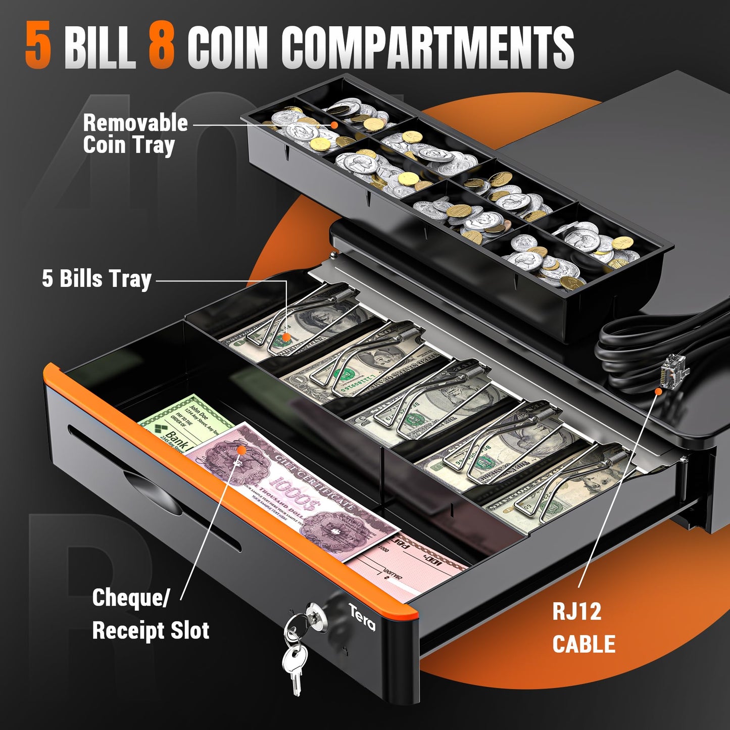 Tera 16" Auto Open Cash Register Drawer Insert Tray 5 Bill 8 Coin for Point of Sale (POS) System with Removable Cash Tray Media Slot 24V RJ12 Key-Lock (Round Corner) for Small Businesses Retail 405R 🍁 All In One Marketplace Canada