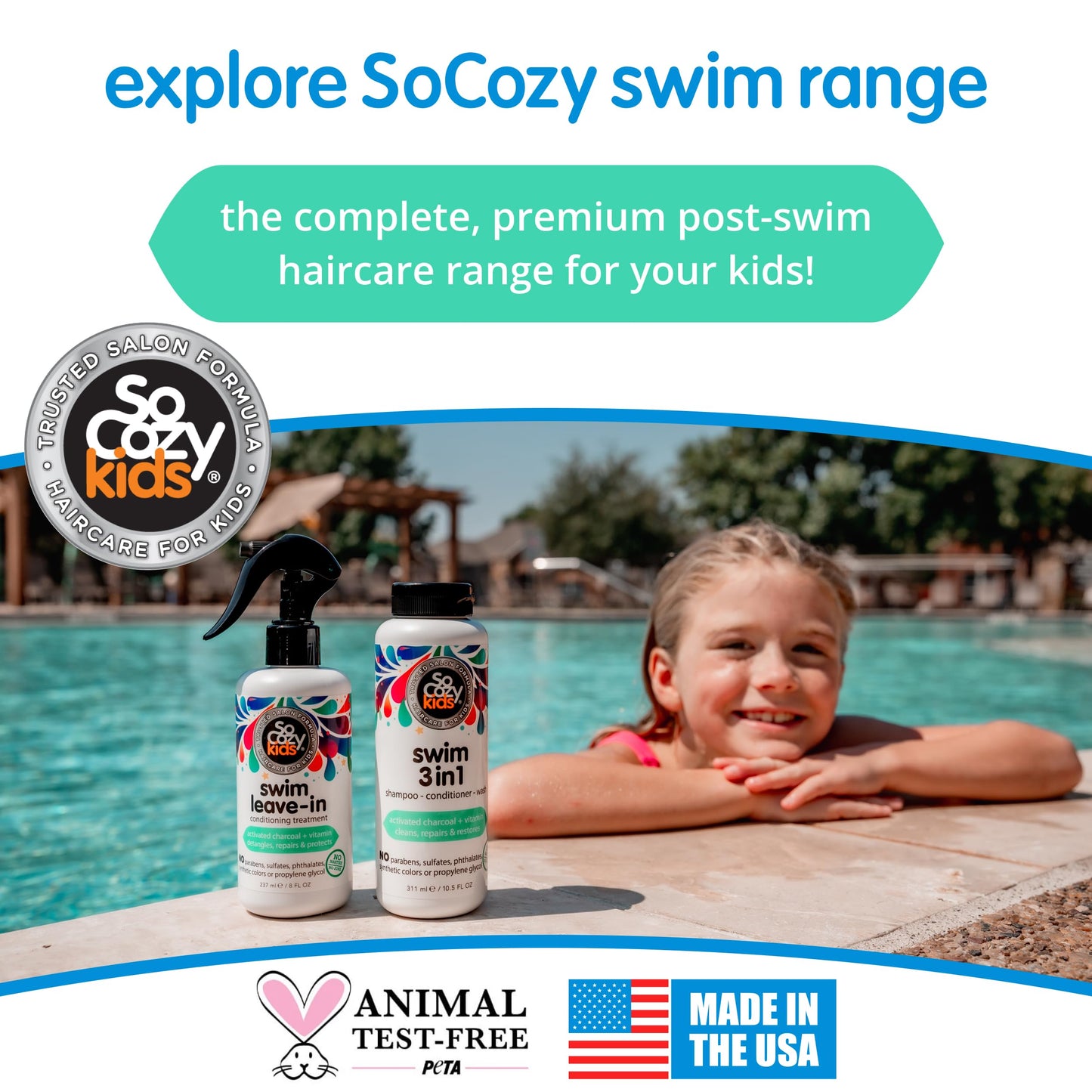 SoCozy Kids Swim 3-in-1 Shampoo, Conditioner & Body Wash - 3-in-1 Combo Pool Shampoo & Conditioner for Swimmers - Salt & Chlorine Removing Activated Charcoal for Toddler & Kids Hair After Swimming 🍁 All In One Marketplace Canada