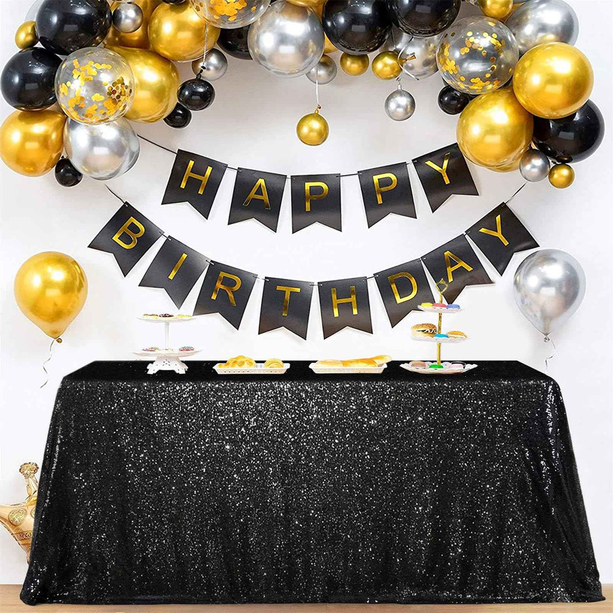 SoarDream Black Sequin Tablecloth 90x156 Inch Rectangle Wedding Tablecloth for Birthday Baby Shower Graduation Indoor Outdoor Halloween Party Table Decorations