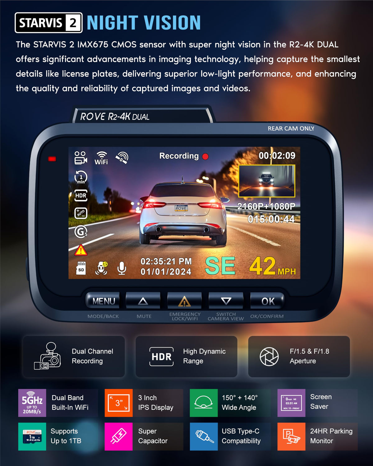 ROVE R2-4K DUAL Dash Cam Front and Rear, STARVIS 2 Sensor, FREE 128GB Card Included, 5G WiFi - up to 20MB/s Fastest Download Speed with App, 4K 2160P/FHD Dash Camera for Cars, 3" IPS, 24H Parking Mode 🍁 All In One Marketplace Canada