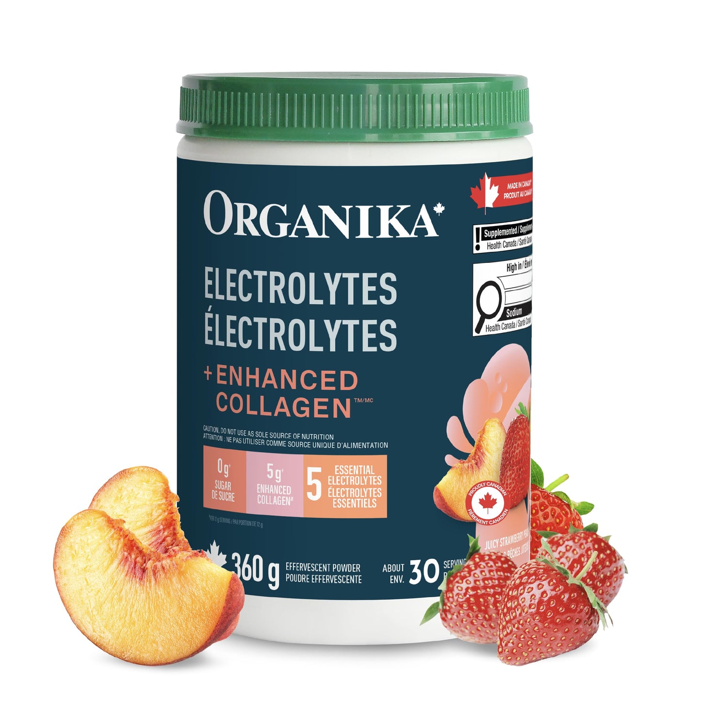 Organika Canadian-Made Electrolytes + Enhanced Collagen - Strawberry Peach Flavour - Sugar-Free Hydration | 5g Protein + 100% of Daily Vitamin C - 360g, 30 Servings 🍁 All In One Marketplace Canada