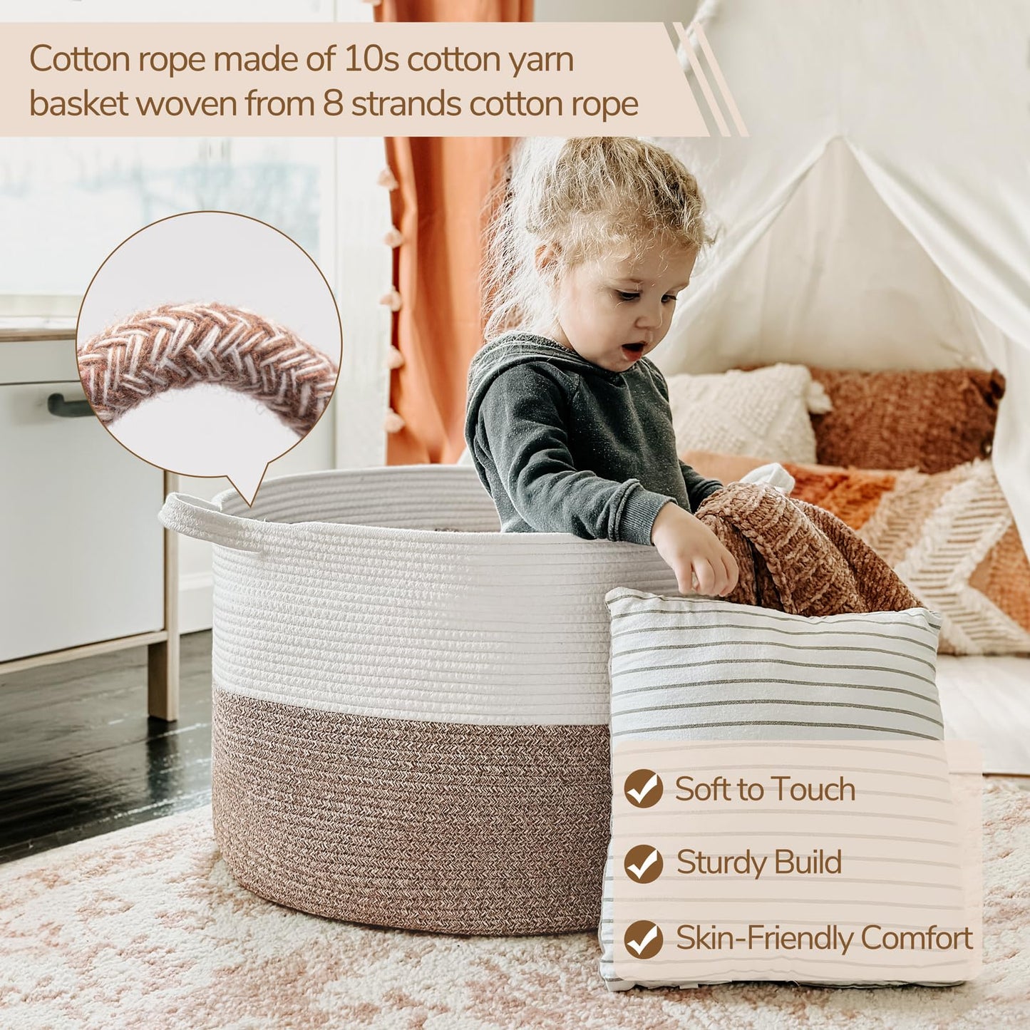 INDRESSME XXXLarge Cotton Rope Basket 21.7" x 21.7" x 13.8" Woven Laundry Basket for Blankets, Storage Basket with Handle Comforter Cushions Storage Bins Thread Laundry Hamper 🍁 All In One Marketplace Canada