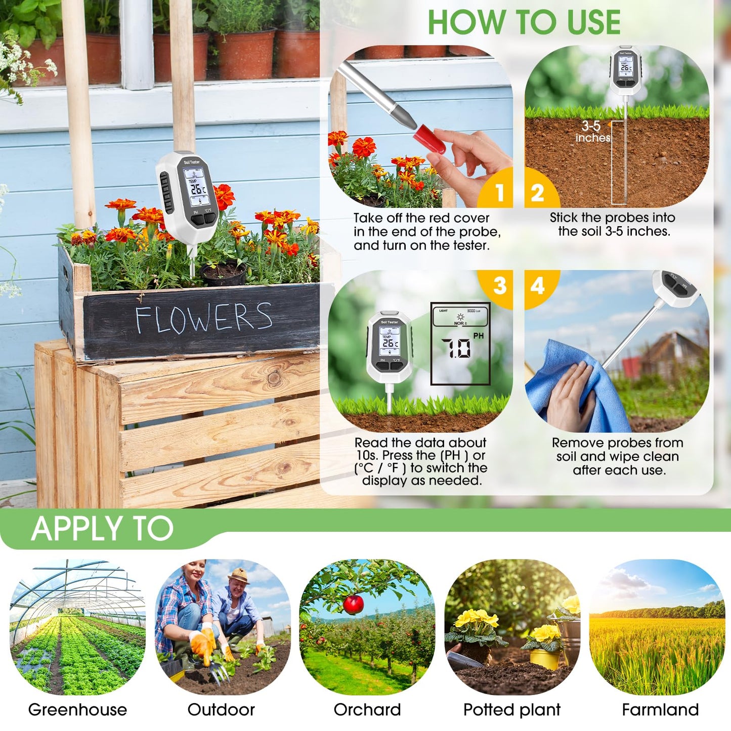 4-in-1 Soil Moisture Meter Digital Plant Temperature/Soil Moisture/PH Meter/Sunlight Intensity Backlight LCD Display Soil Test Meter for Gardening, Farming and Outdoor Plants 🍁 All In One Marketplace Canada
