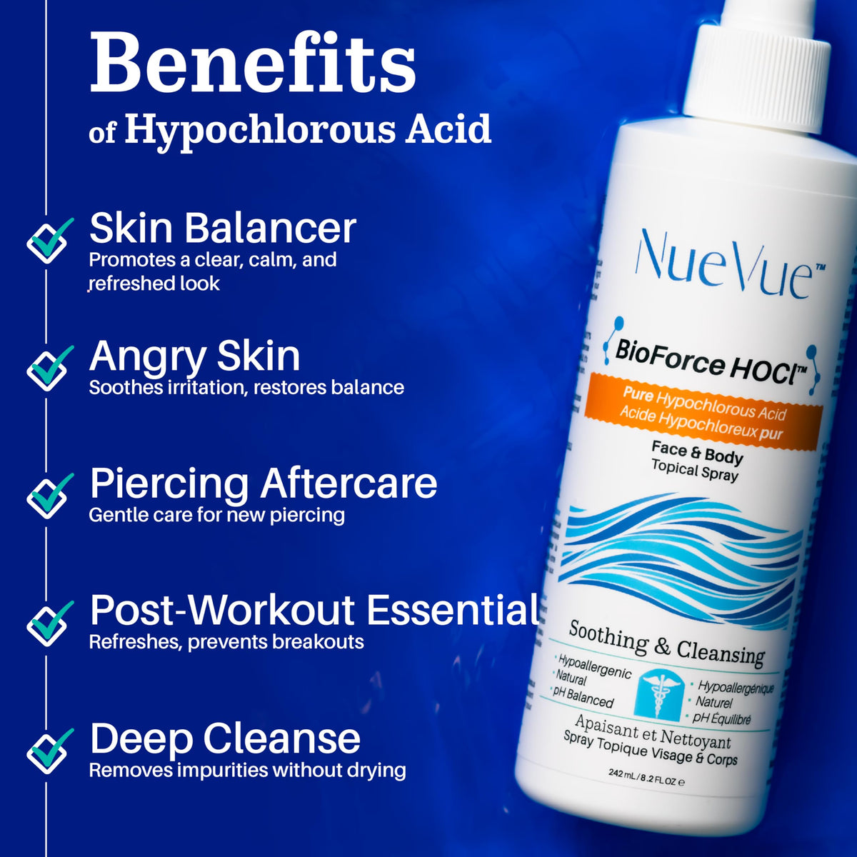 BioForce 1 Liter Hypochlorous Acid Spray Refill For Face & body - Acne-Prone Skin & Eczema, Piercing aftercare, Tattoo Aftercare, Made in Canada, All-in-One Gentle facial Cleanser & Toner, pH Balanced, Hypoallergenic & Non-comedogenic by NueVue (33.8 fl o