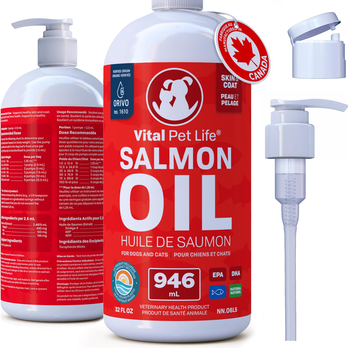 Salmon Oil for Dogs 946 mL - Healthy Skin & Coat, Fish Oil, Omega 3 EPA DHA, Liquid Food Supplement for Pets, All Natural, Supports Joint & Bone Health, Natural Allergy & Inflammation Defense 🍁 All In One Marketplace Canada