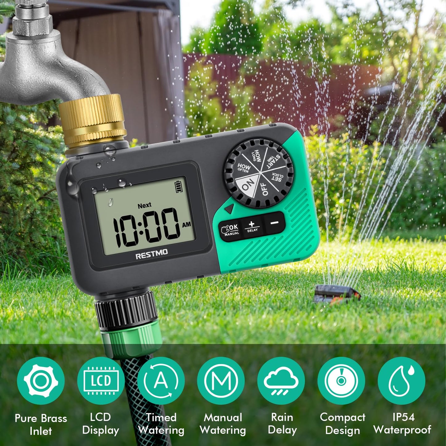 RESTMO Water Timer for Garden Hose, Programmable Sprinkler Timer with Brass Inlet, Rain Delay/Manual ON/Off/Automatic Irrigation Control, Hose Timer for Outdoor Faucet, Yard and Lawn Watering System 🍁 All In One Marketplace Canada